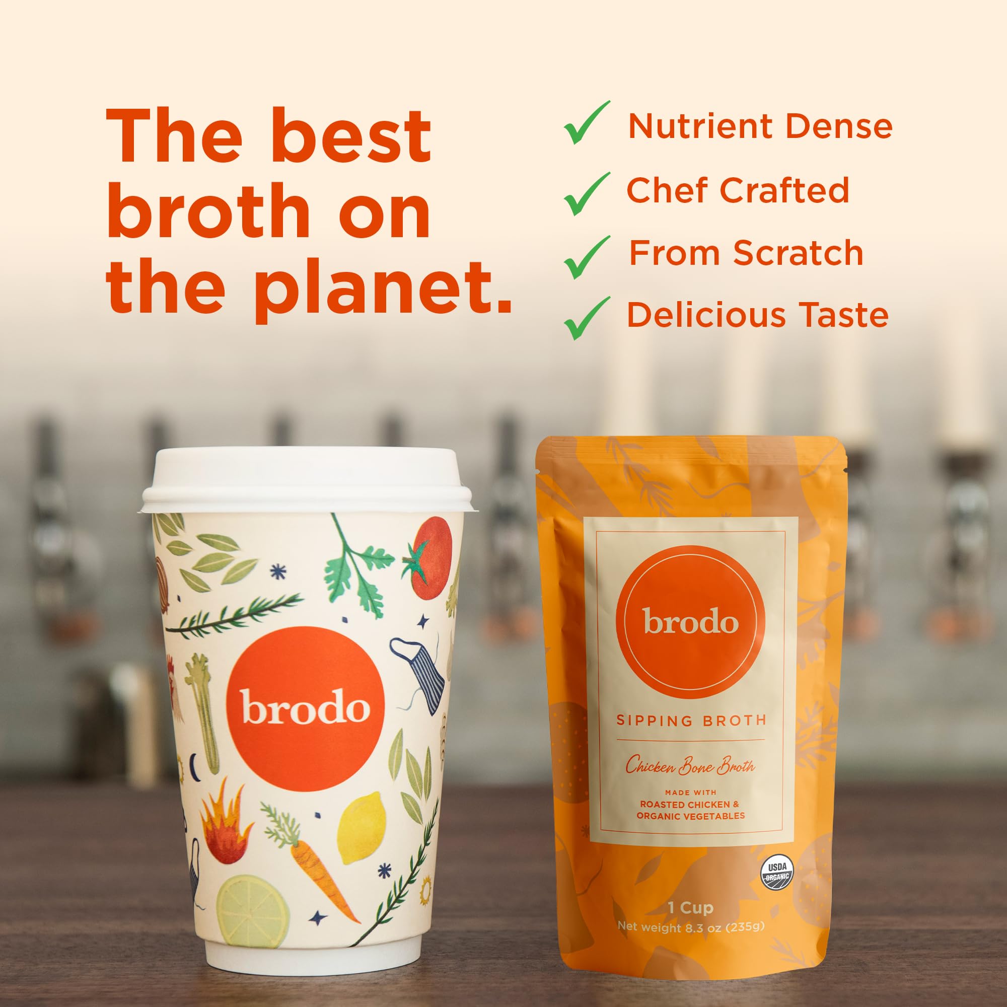 Brodo Organic Chicken Broth | Nutrient Dense, Chef Crafted Bone Broth in Single Serving Pouches | Not Made From Concentrate, No Preservatives (6x 8.3 oz Pouches)