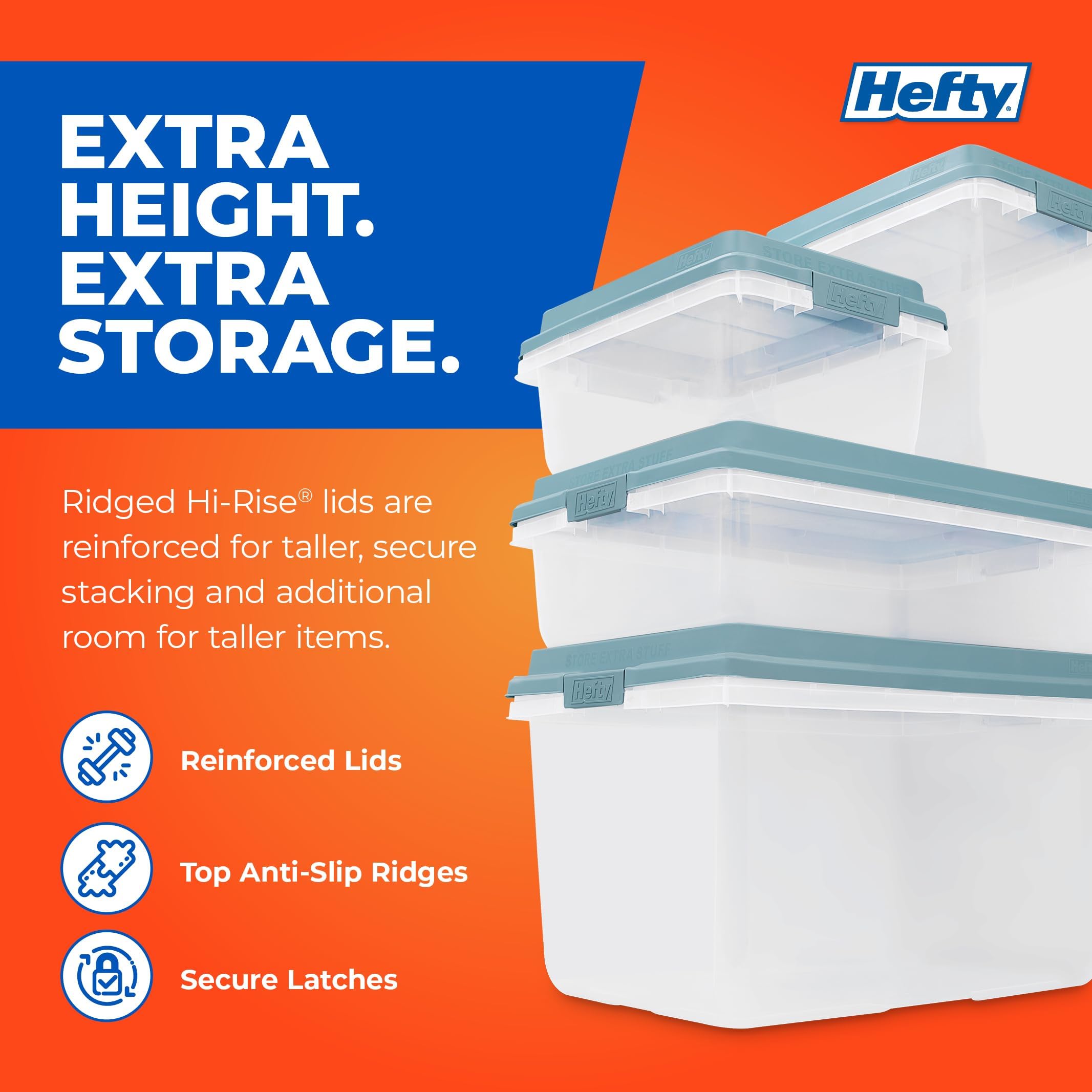 Hefty HI-RISE 40 Qt Stackable Storage Bins with Lids – 6 Pack Clear Plastic Under Bed Storage Containers, Shoe Organizer Boxes with XL Lid-Locking Latches, Comfort-Grip Handles, Durable Double Rim
