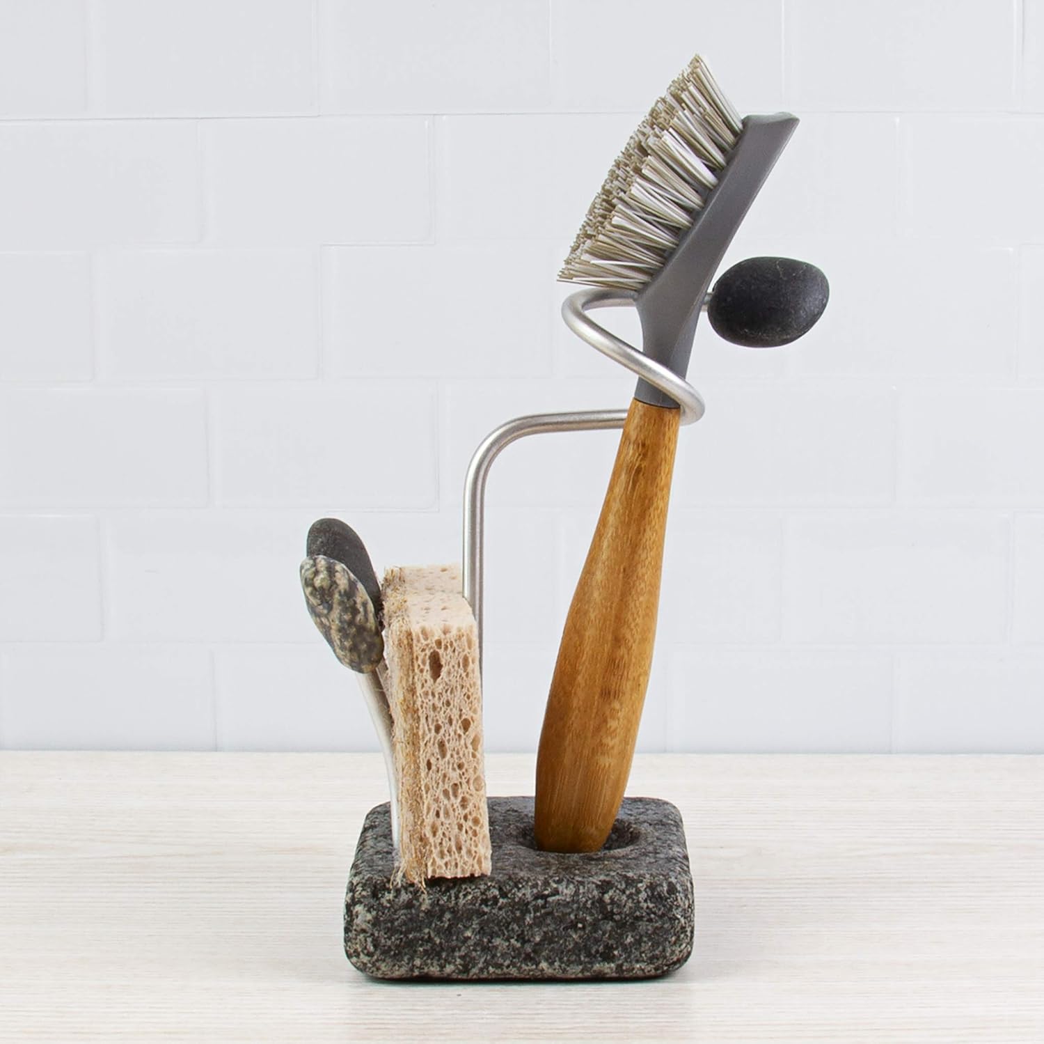 Sea Stones Splash Sponge and Brush Holder - Heavy Granite Base Kitchen Sink Caddy - Eco-Friendly Handmade Granite and Aluminium Organizer - One-Handed Grab & Quick-Dry Design - Made in USA