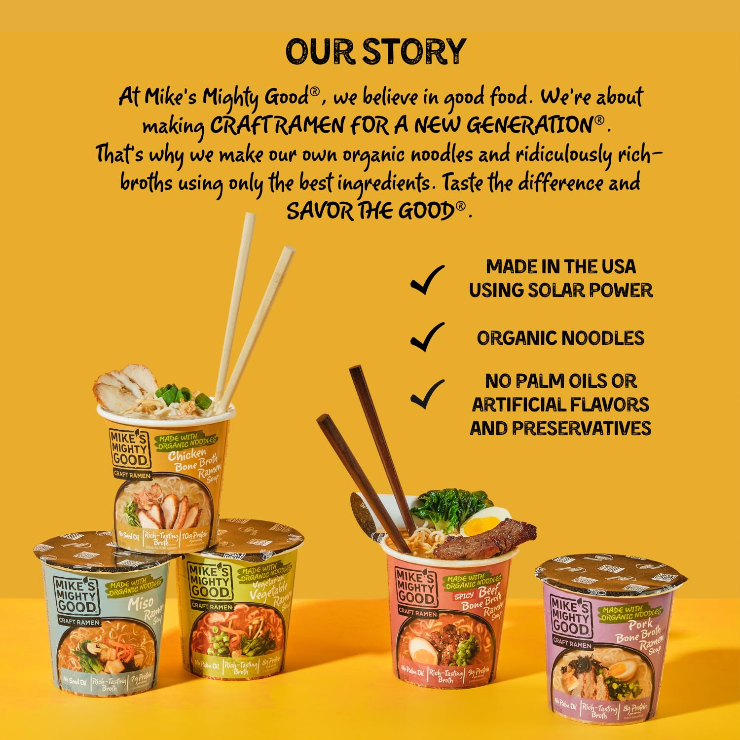 Mike’s Mighty Good Bone Broth Chicken Ramen Cup (Pack of 6) – 10g Protein Instant Ramen Noodles – Steamed Organic Noodles, Non-GMO, Seed & Palm Oil-Free – Antibiotic-Free Chicken, Rich Broth