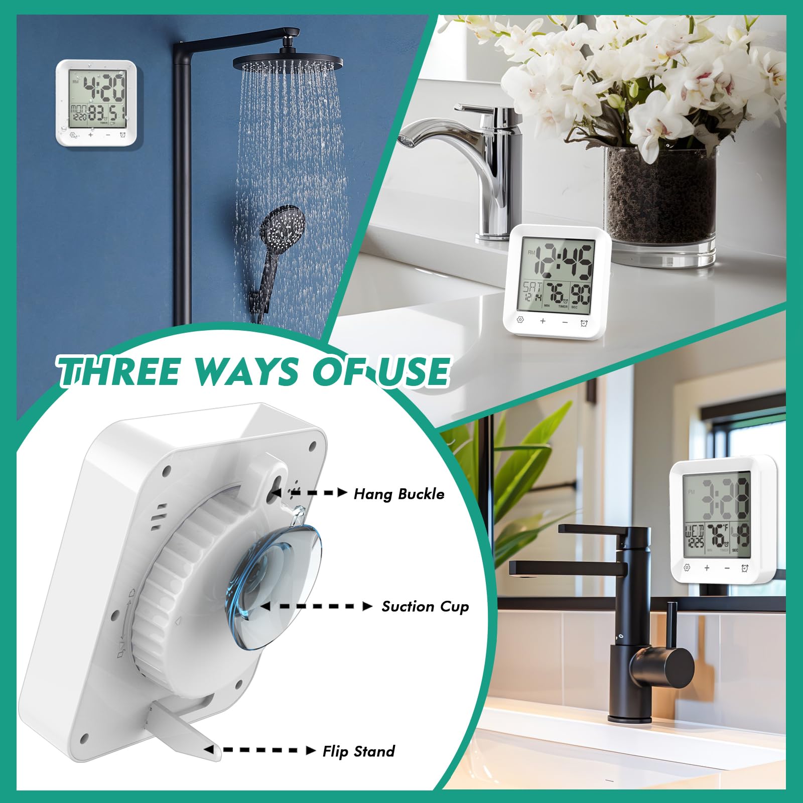 USAOSHOP Shower Clock Waterproof, Bathroom Kitchen Wall Clock Timer with Touch Screen, Temperature, Battery Operated, Suction Cup Hanging Hole Stand, White