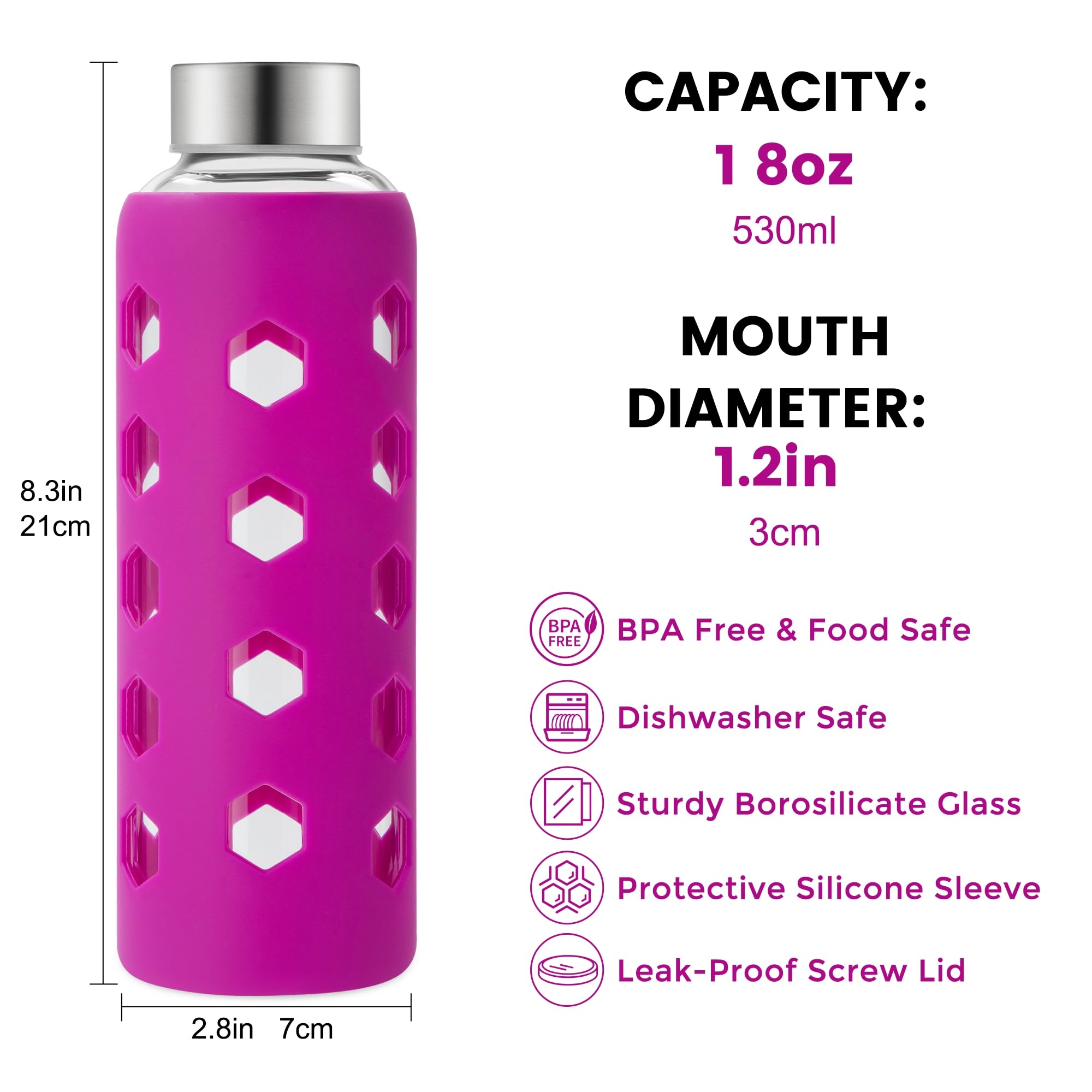 Mrsdry Glass Juice Bottles with Lids and Silicone Sleeves 18 oz, 4-Pack Reusable Clear Glass Water Bottles with Stainless Steel Airtight Cap for Juicing, Refrigerator, BPA Free Leak-Proof Drinking Jar