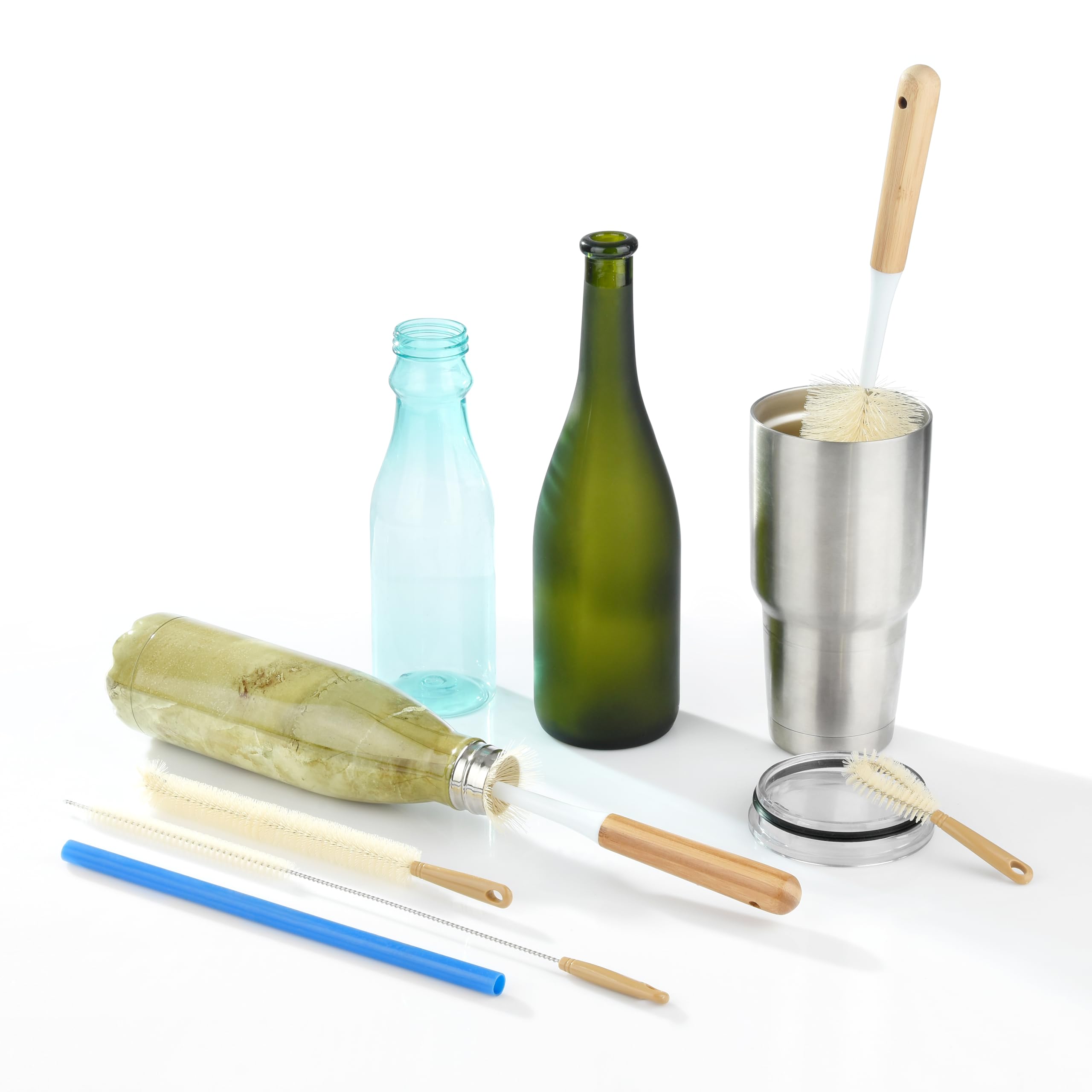 ALINK 5-Pack Bottle Brush Cleaner - Extra Long Bamboo Handle Water Bottle Straw Cleaning Brush for Washing Narrow Neck Beer Wine Decanter, Sports Bottle, Thermos, Flask, Jug