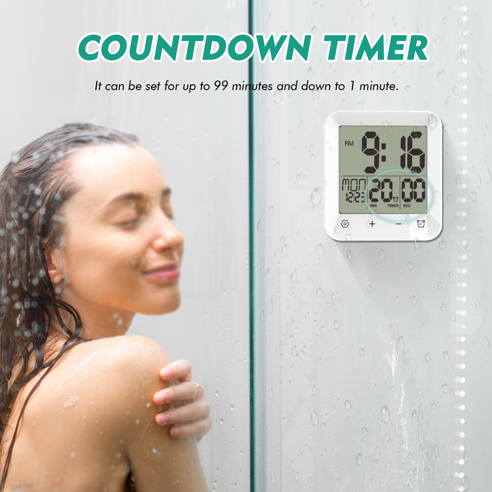 USAOSHOP Shower Clock Waterproof, Bathroom Kitchen Wall Clock Timer with Touch Screen, Temperature, Battery Operated, Suction Cup Hanging Hole Stand, White