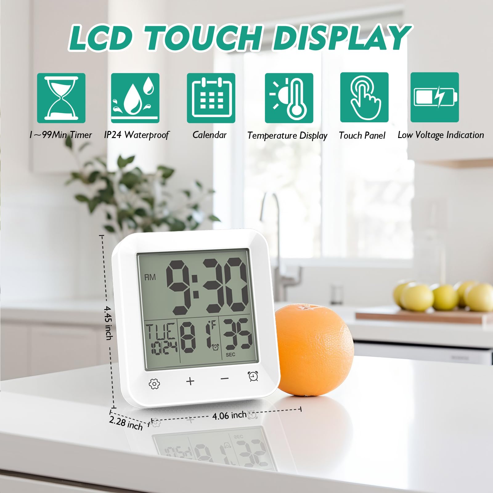 USAOSHOP Shower Clock Waterproof, Bathroom Kitchen Wall Clock Timer with Touch Screen, Temperature, Battery Operated, Suction Cup Hanging Hole Stand, White