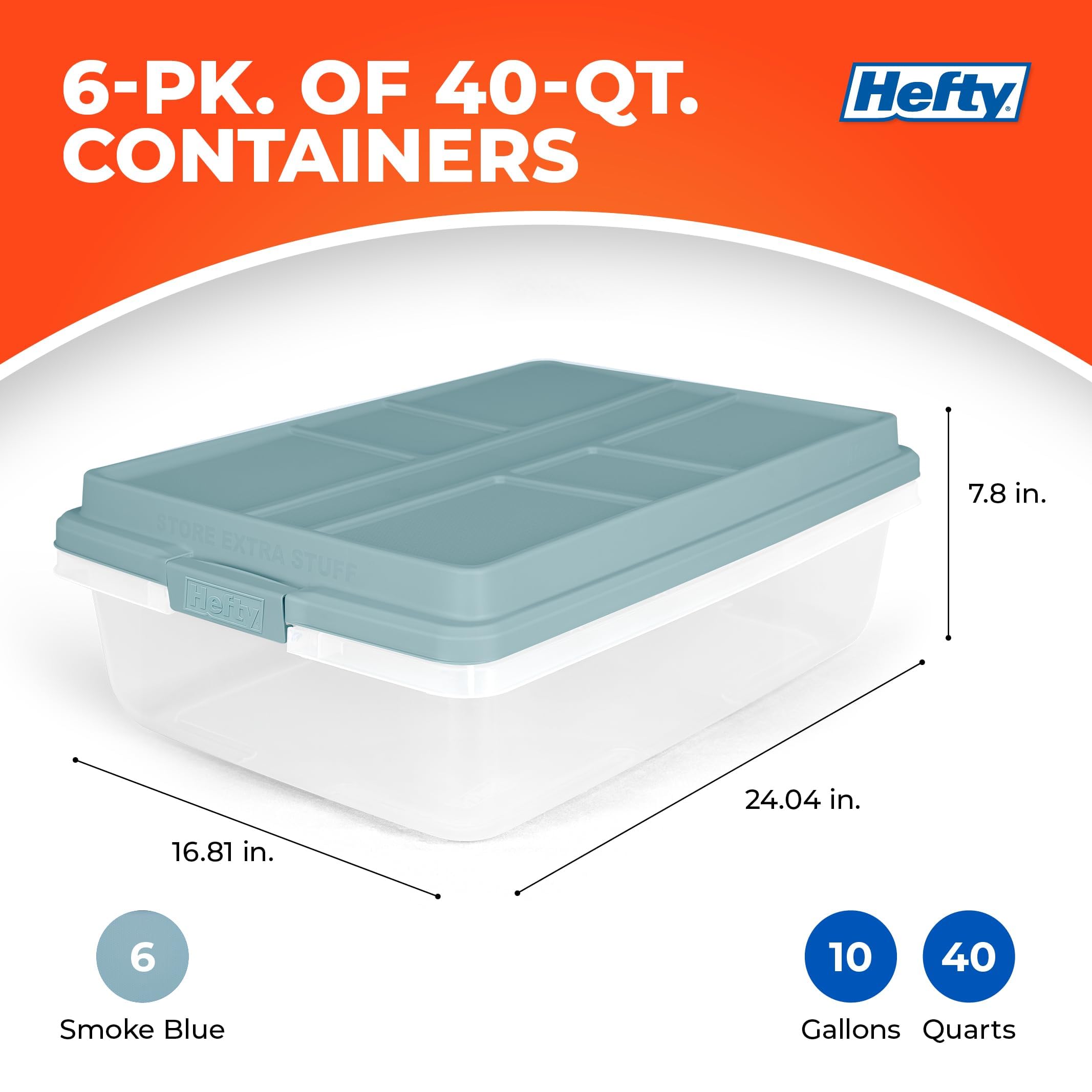 Hefty HI-RISE 40 Qt Stackable Storage Bins with Lids – 6 Pack Clear Plastic Under Bed Storage Containers, Shoe Organizer Boxes with XL Lid-Locking Latches, Comfort-Grip Handles, Durable Double Rim