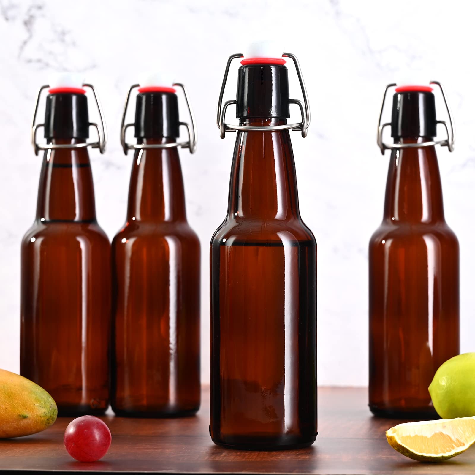 KITGLASCUP Amber Beer Bottles with Flip Caps, 12oz 10 Pack Glass Bottle with Swinging Top for Airtight Lids, Home Brewing and Fermentation Kombucha, Vanilla Extract, Beverage, Water, Kefir