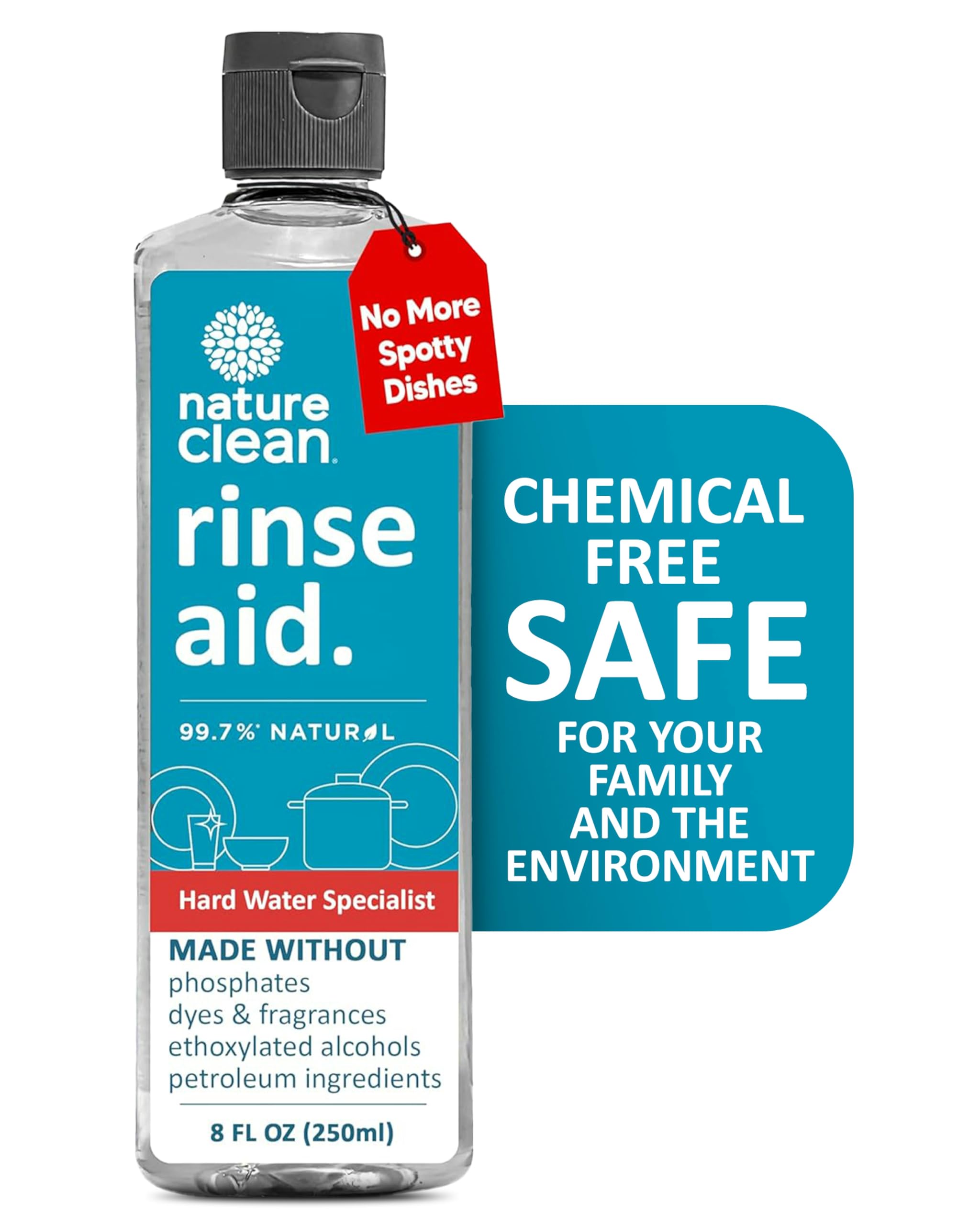 Nature Clean All Natural Dishwasher Rinse Aid Cleaner, Liquid Dishwasher Rinse Agent Spot-Free Glass & Cutlery in Hard Water, Non-Toxic Dish Washer Drying Agent & Stain Remover, 8 oz/250ml, Pack of 1