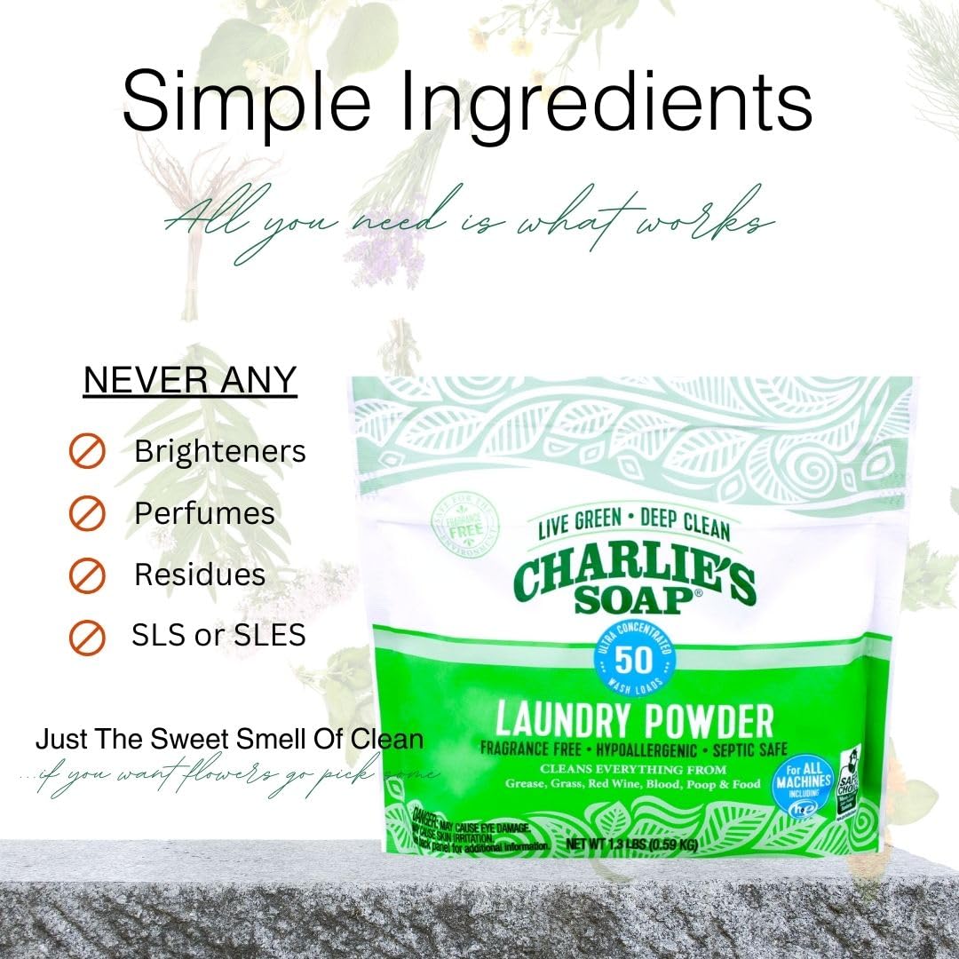 Charlie’s Soap Laundry Powder (50 Loads, 1 Pack) Hypoallergenic Deep Cleaning Washing Powder Detergent – Eco-Friendly, Safe, and Effective