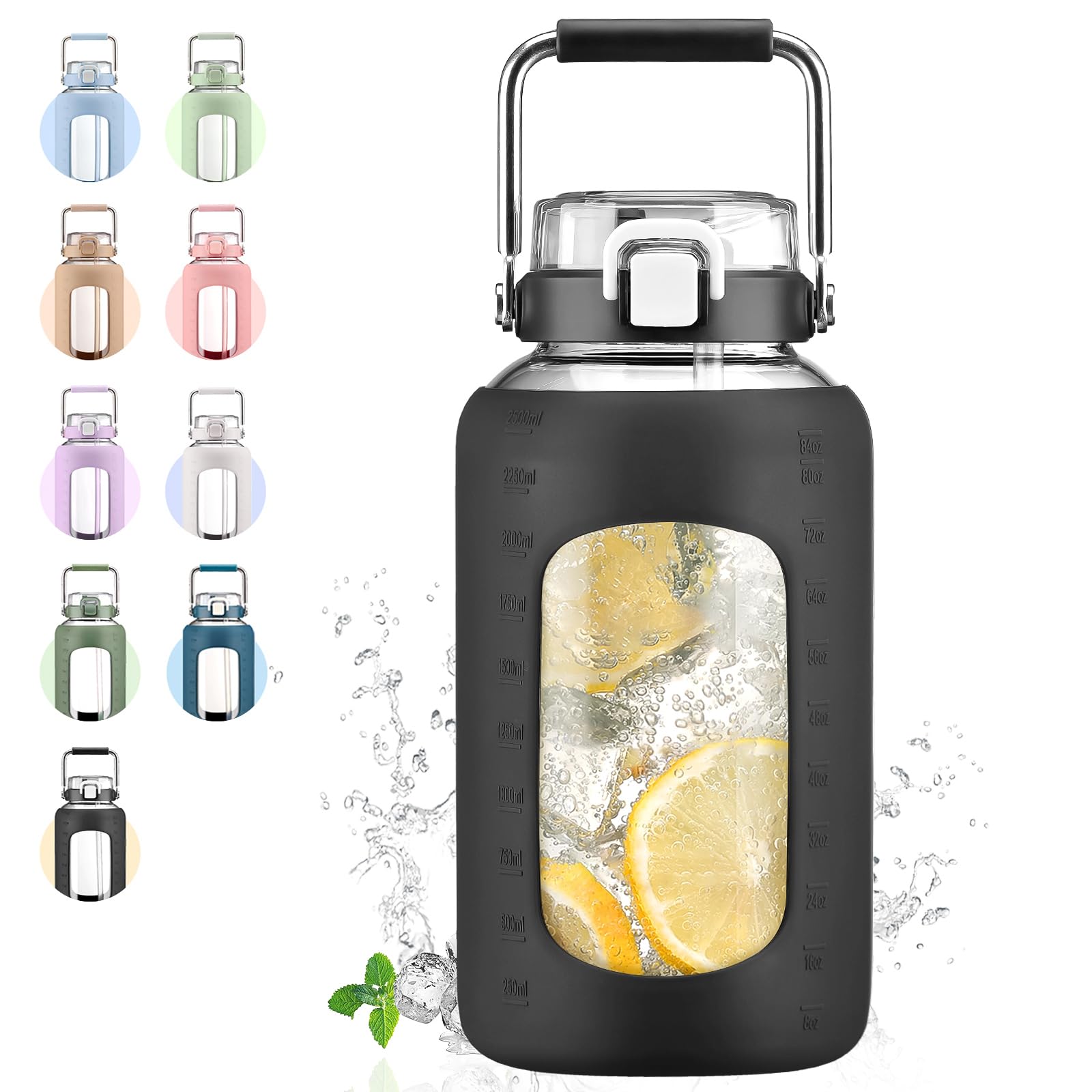 WINSA 84oz Glass Water Bottle with Stainless Steel Handle,2.5L Gallon Water Bottle with 2-IN-1 Straw Lid, Silicone Sleeve and Motivational Capacity Marker, Wide Mouth Water Jug For Gym, Workout, Black