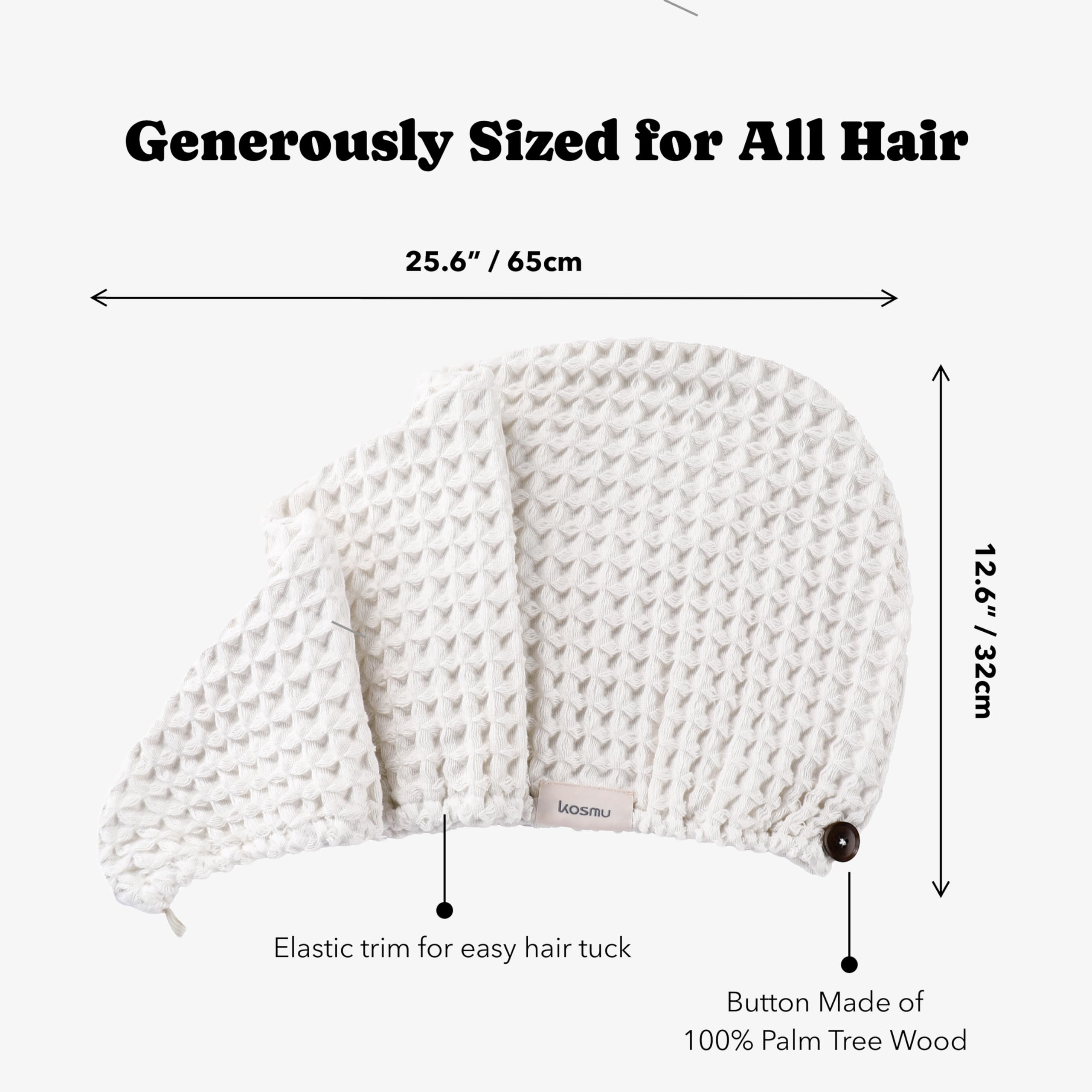 Luxury Organic Japanese Cotton Hair Drying Waffle Towel Wrap for Women | Absorbent, Quick-Dry Head Turban for Shower, Sauna, Spa | Extra Large for Long, Curly, Straight Hair With Button (White, 1 Pc)