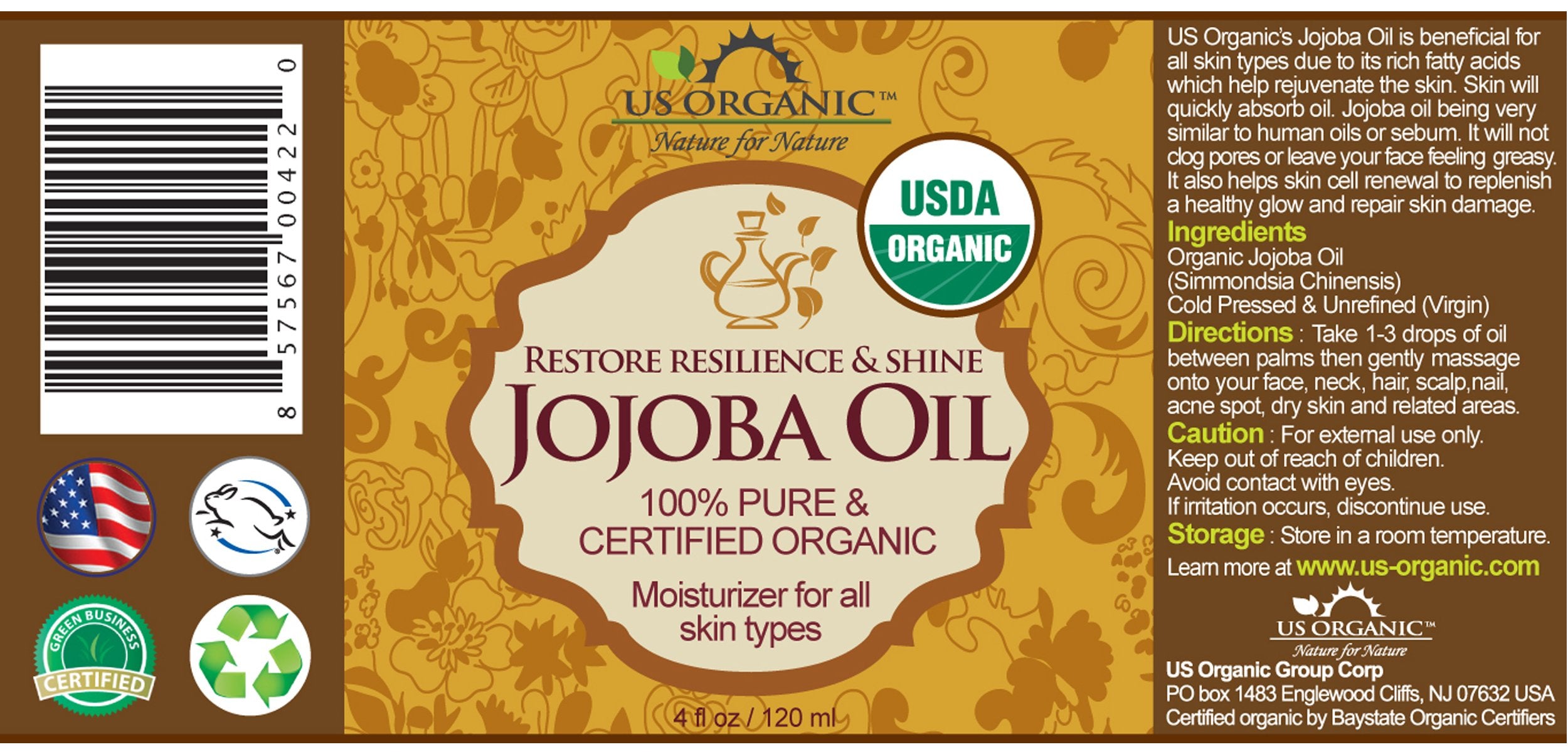 US Organic Jojoba Oil, USDA Certified Organic,100% Pure & Natural, Cold Pressed Virgin, Unrefined, Haxane Free, Sourced from Middle East Directly (Medium (4oz, 115ml))