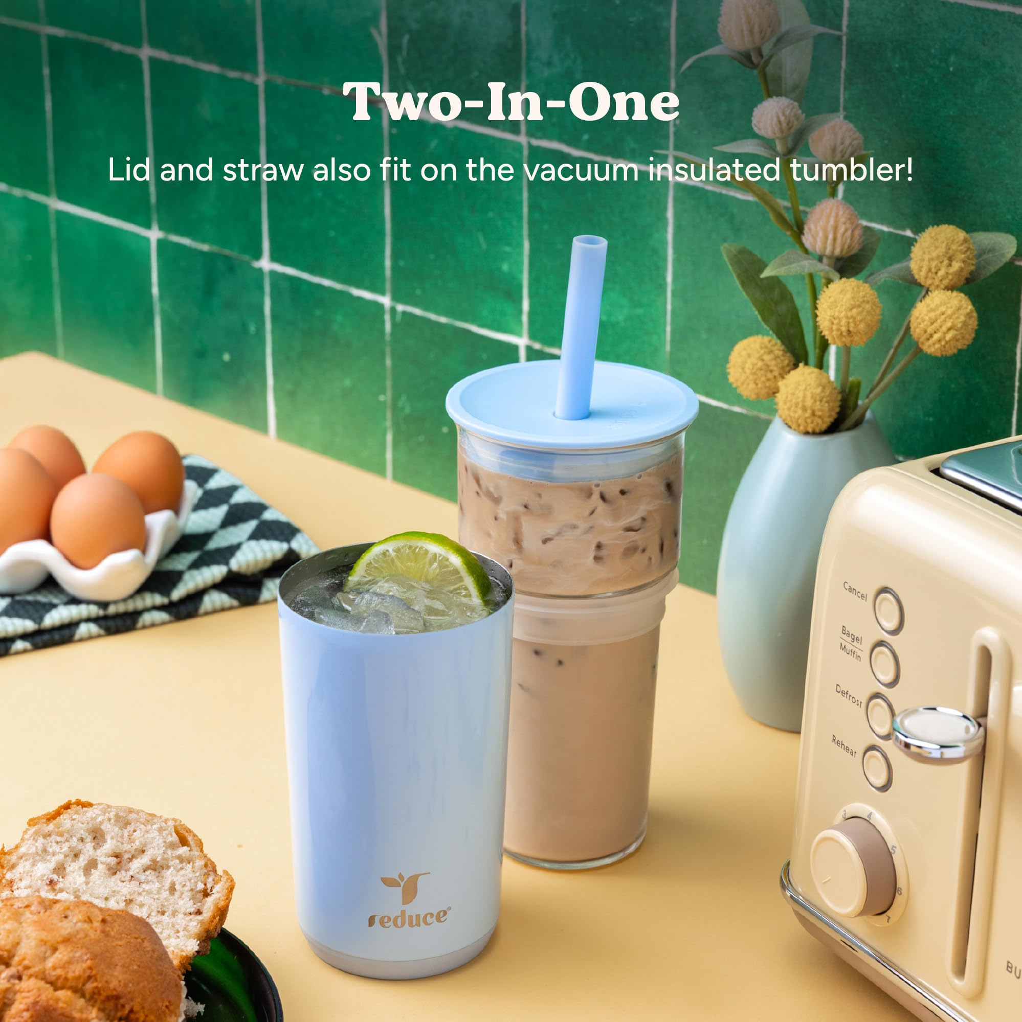 REDUCE Aspen 20 oz Vacuum Insulated Glass Tumbler with Lid & Extra Wide Straw - Keeps Drinks Cold for 12 Hrs - Ideal for Iced Coffee, Smoothies & Boba - Dishwasher Safe, Soft Base - Dragonfruit