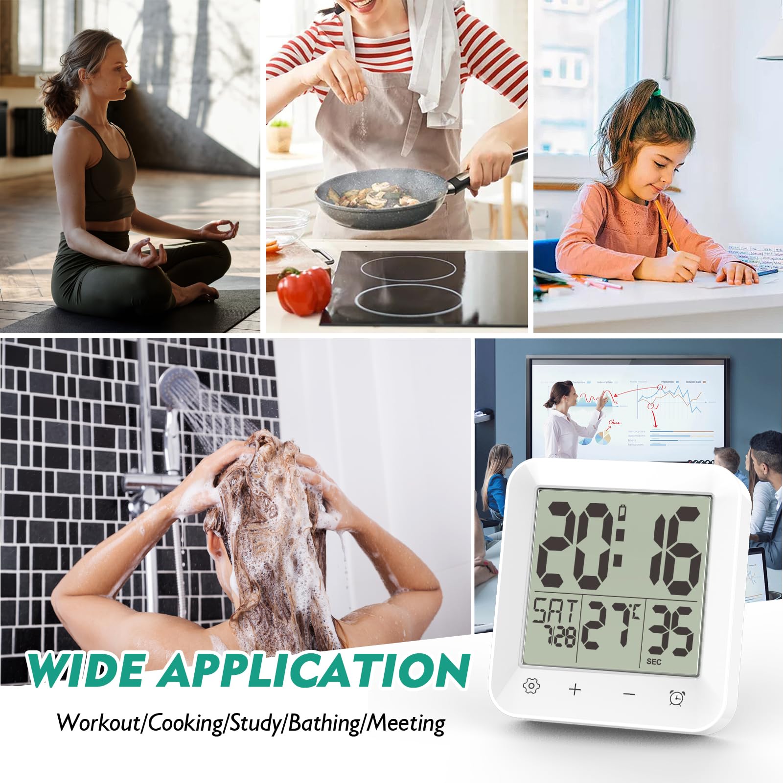 USAOSHOP Shower Clock Waterproof, Bathroom Kitchen Wall Clock Timer with Touch Screen, Temperature, Battery Operated, Suction Cup Hanging Hole Stand, White