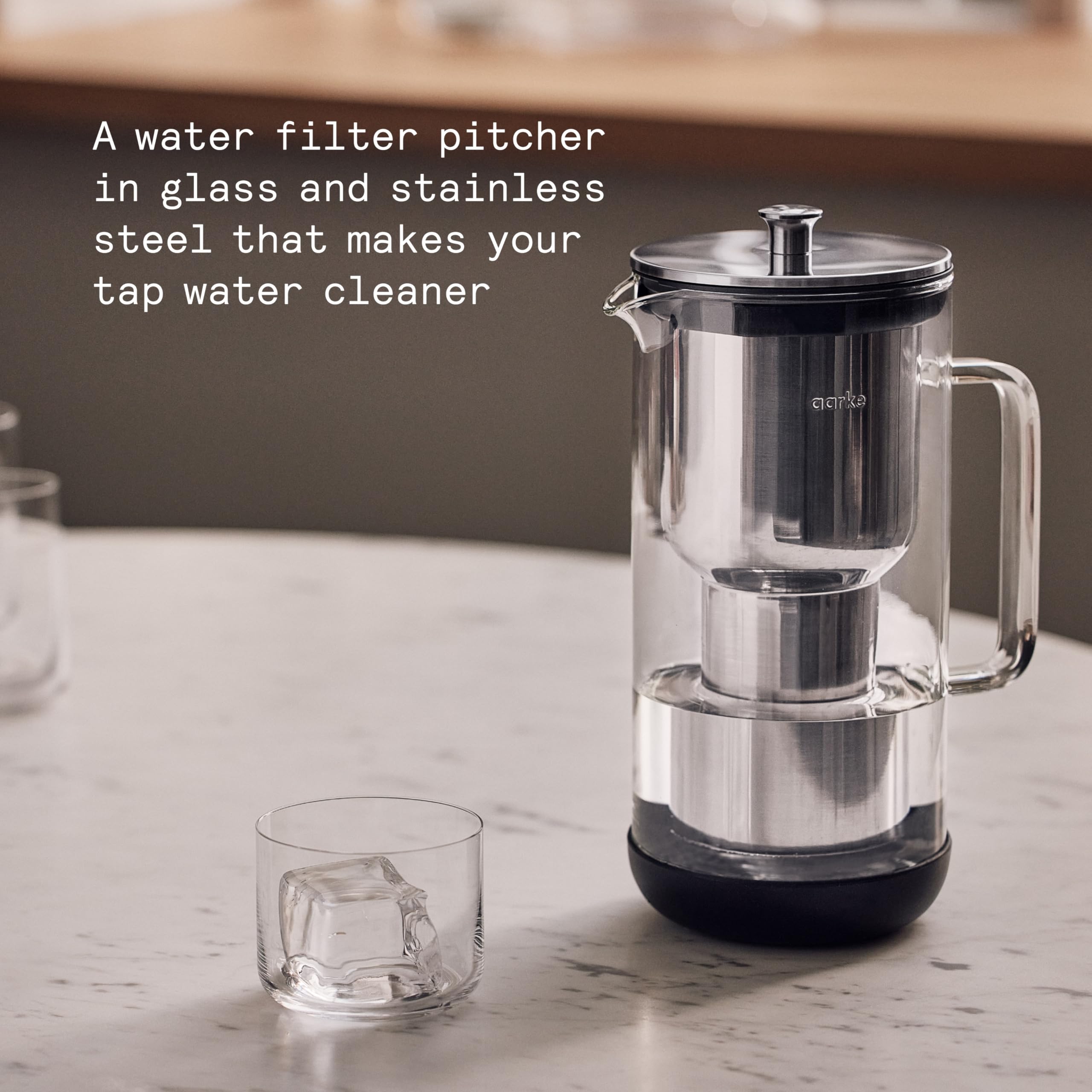 Aarke Purifier - Premium Glass and Stainless Steel Water Filter Pitcher, Refillable Filter System and Granules, 2.4L Pitcher with 1.18L Filtration Capacity