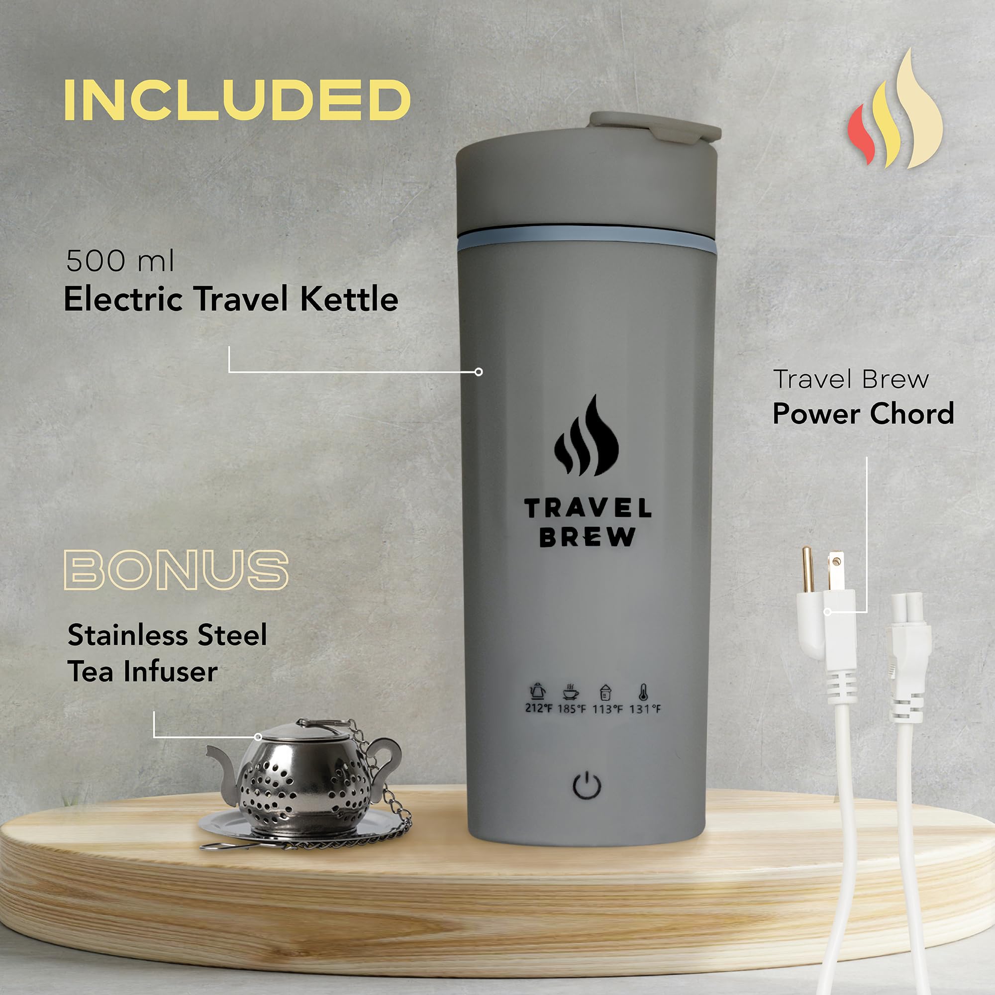 TRAVEL BREW Portable Travel Kettle with Tea Infuser- Mini Electric Kettle with 4 Temperature Settings, with Auto Shut-Off & Boil Dry Protection (Gray)