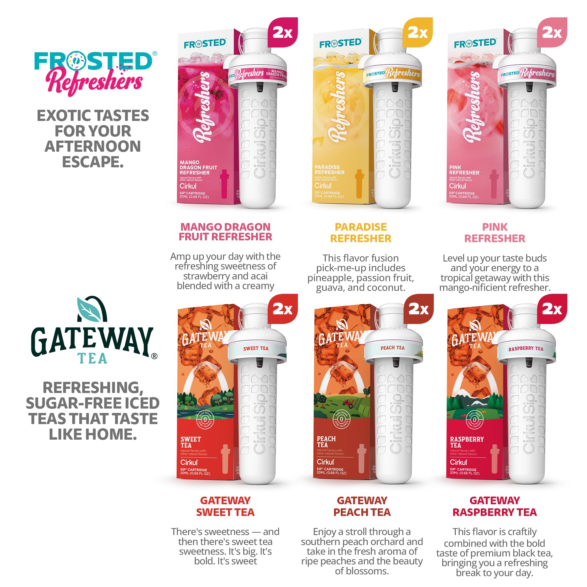 Cirkul Variety Pack Bundle with Caffeine, Flavored Water Cartridge 12-Pack (Frosted Refreshers, Gateway Tea), No Sugar, Zero Calorie Drink Mix