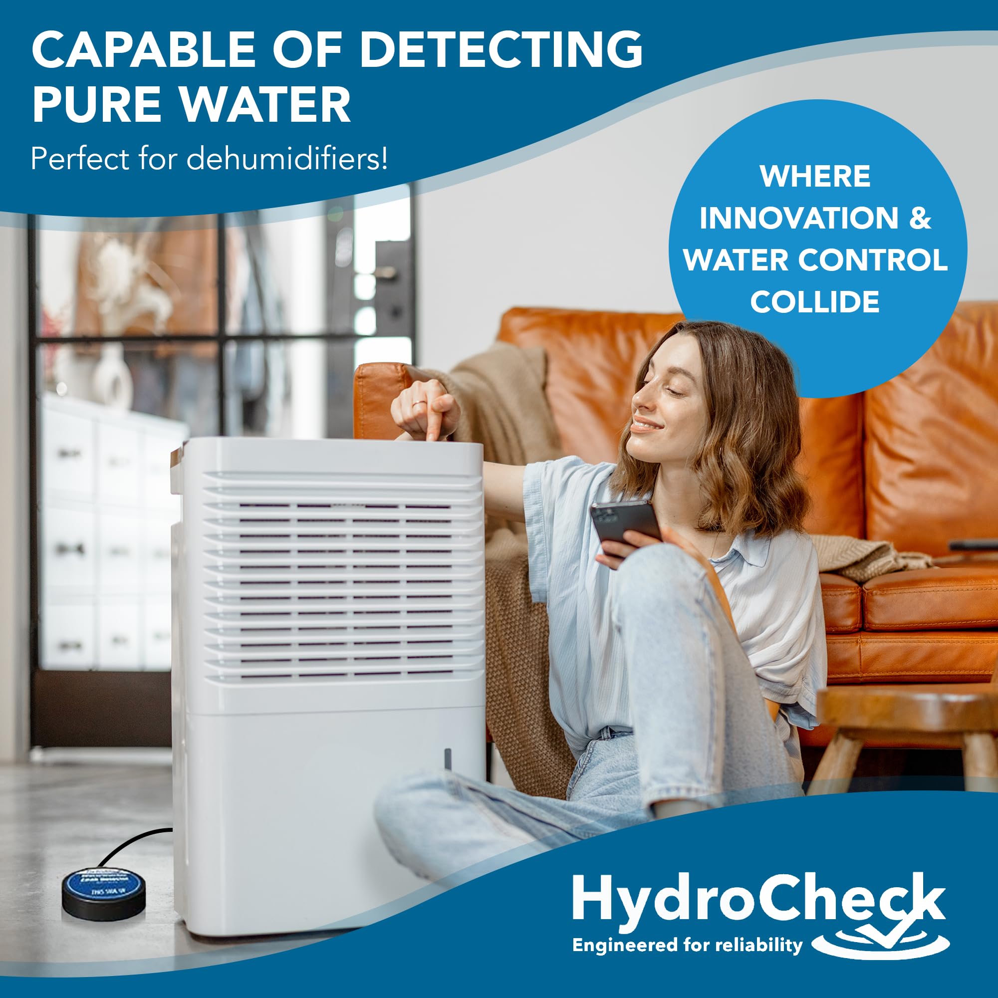 HydroCheck Water Sensor Alarm, Smart Water Leak Detector for Home & Basements | Made in THE USA | Automatic Flood Detectors and Water Alarm, Pure Water Capable (WaterWatcher)