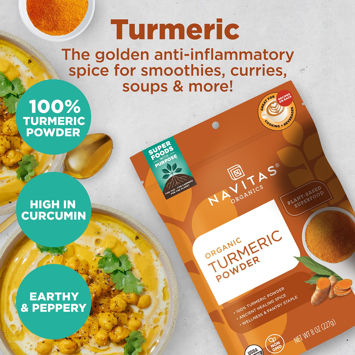 Navitas Organics Turmeric Powder – for Smoothies, Golden Milk, Curries & More – Natural Curcumin – Anti-inflammatory – USDA Organic, Non GMO, Kosher Gluten Free, Vegan (8oz. Bag, 45 Servings)