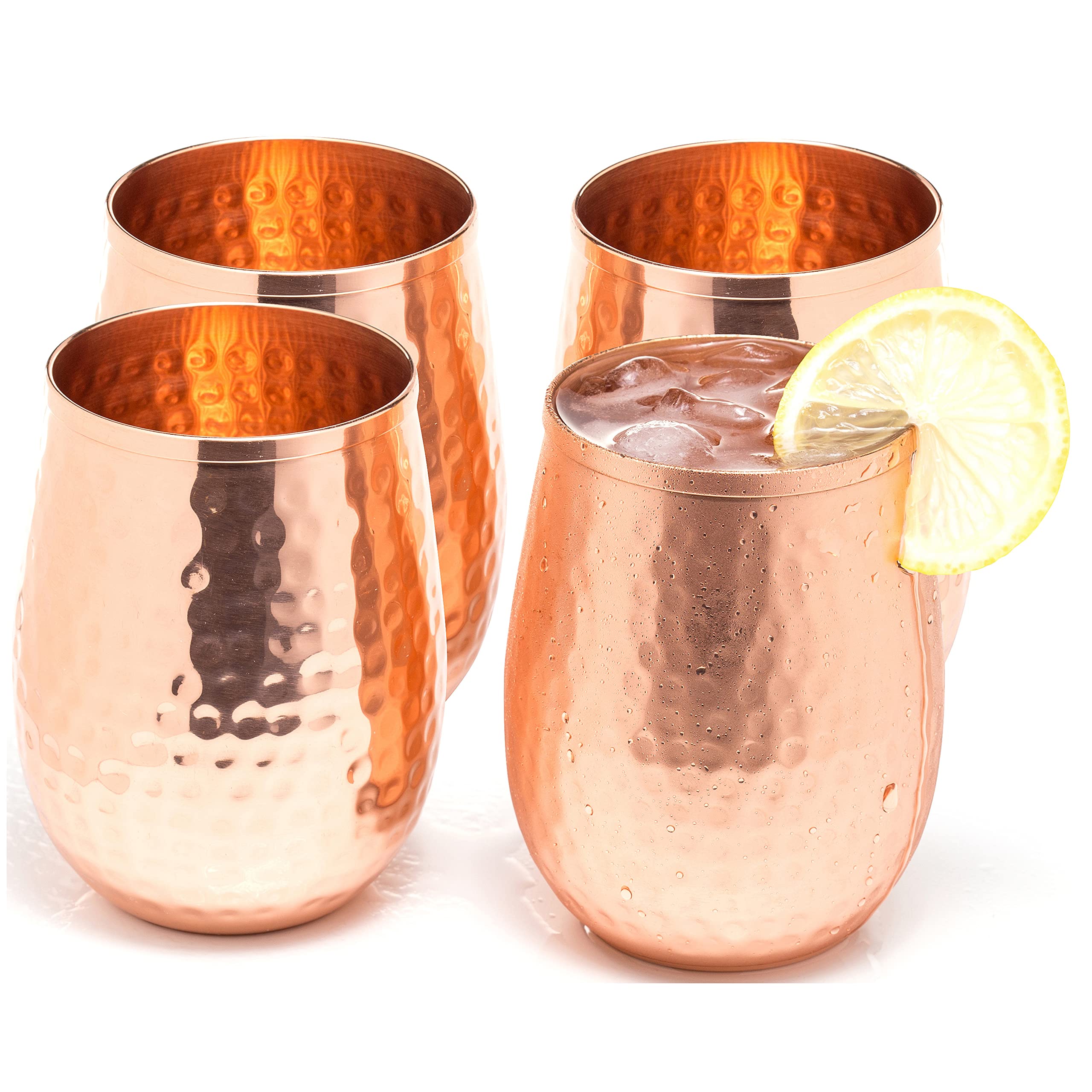 Mosscoff Copper wine glasses set of 4 – 17oz gleaming 100% solid hammered copper stemless wine cups – Valent for men and women – great copper tumblers for red or white wine and Moscow mules.
