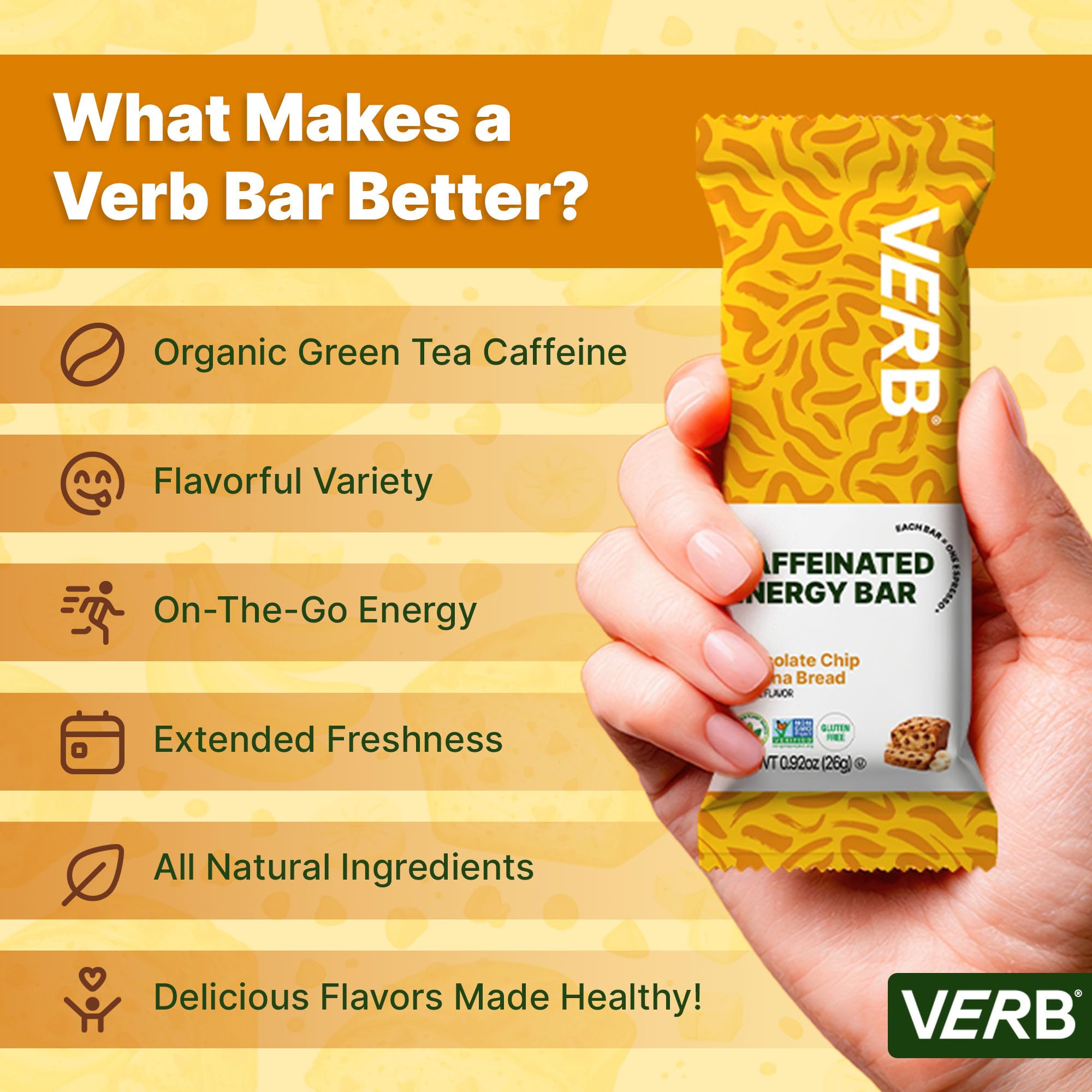Verb Caffeinated Energy Bars Variety Pack - 2 Delicious Flavors (26g, Pack of 16) 110-Calorie Delicious Low Sugar Energy Bar, Vegan & Gluten Free On-the Go Snack with 80mg Green Tea Caffeine