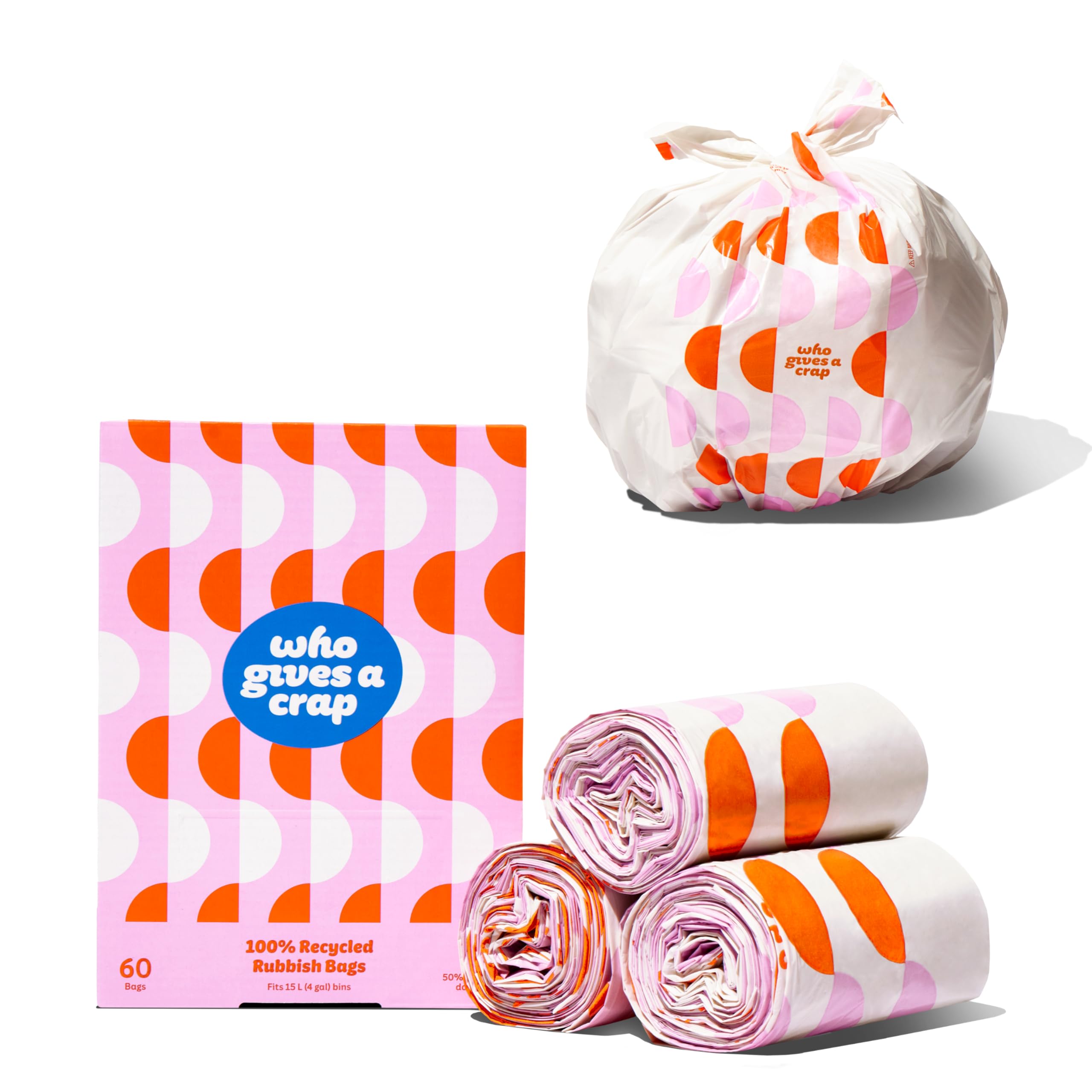 Who Gives a Crap 100% Recycled Small Trash Bags, 60 Count, 4 Gallon, Sustainable Garbage Bags for Kitchen, Office, or Bathroom Trash Can, Designed to Help Resist Leaks and Tears, Durable Tie Handles