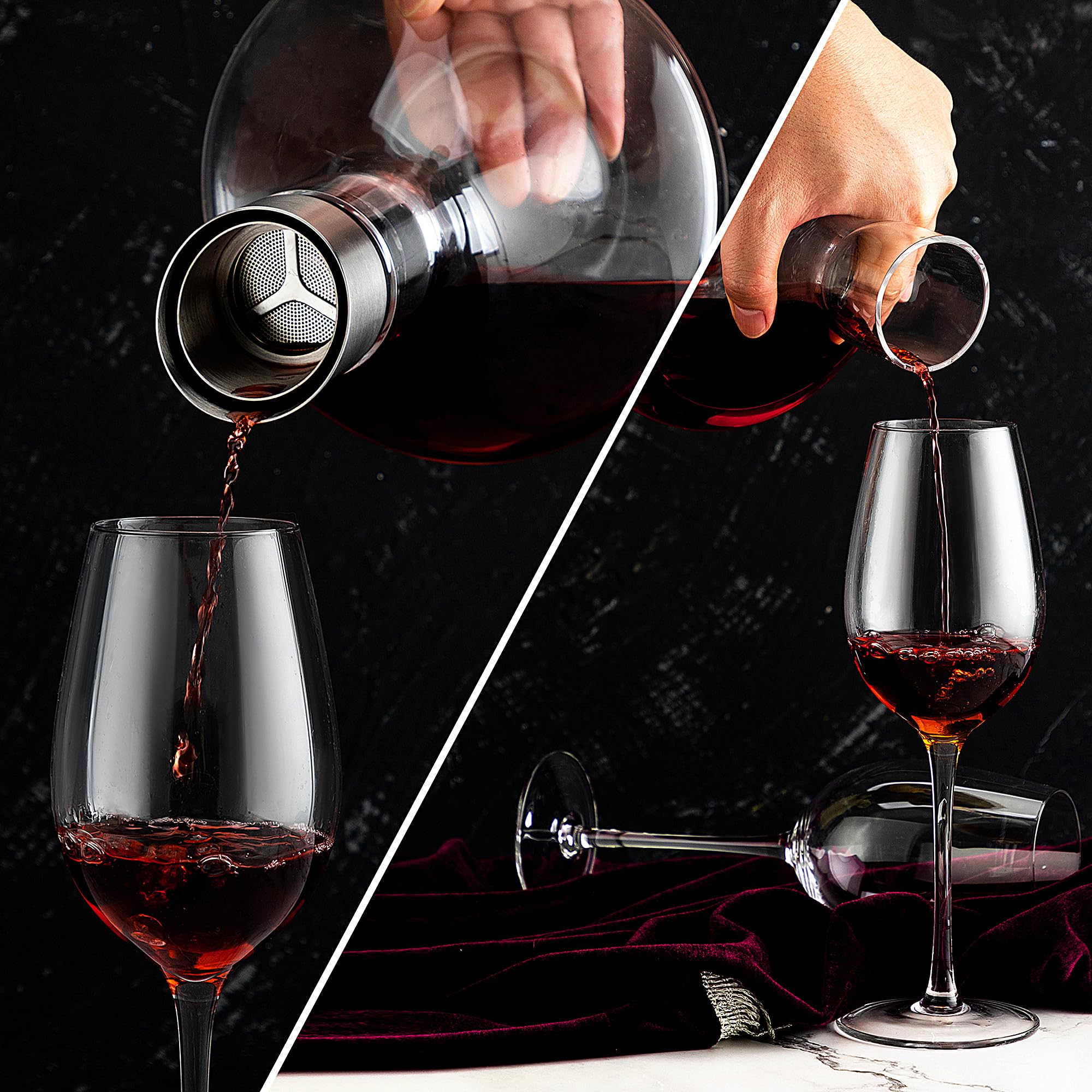 VnoPerito Wine Decanter, Red Wine Carafe, Decanter with Built-in Aerator Pourer, 100% Hand Blown Lead-free Crystal Glass with Stainless Steel Pourer Lid, Filter, Wine Gifts for Men