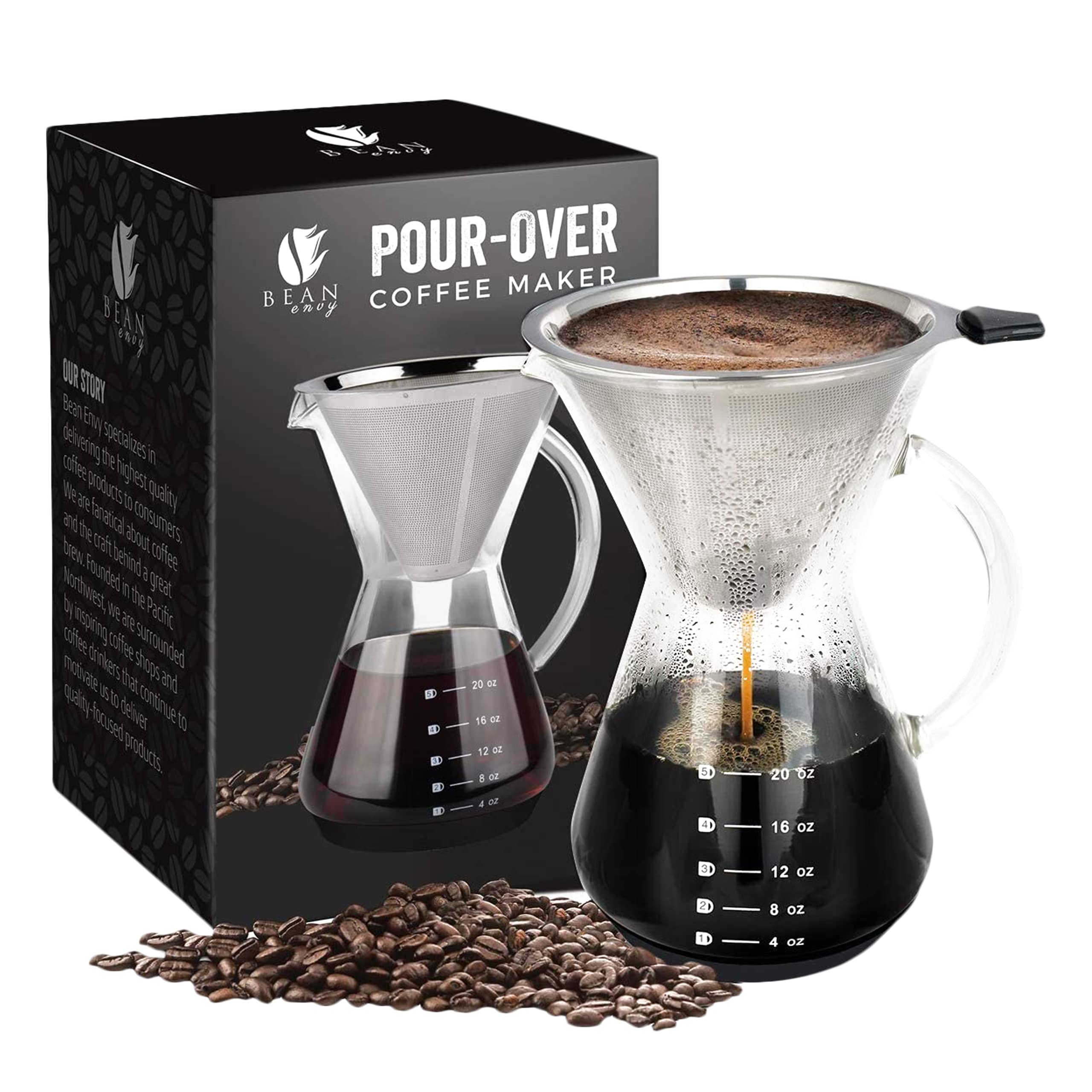 Bean Envy Pour Over Coffee Maker, High-Heat Borosilicate Glass with Reusable Stainless Steel Filter, Glass Coffee Maker (20 Oz)