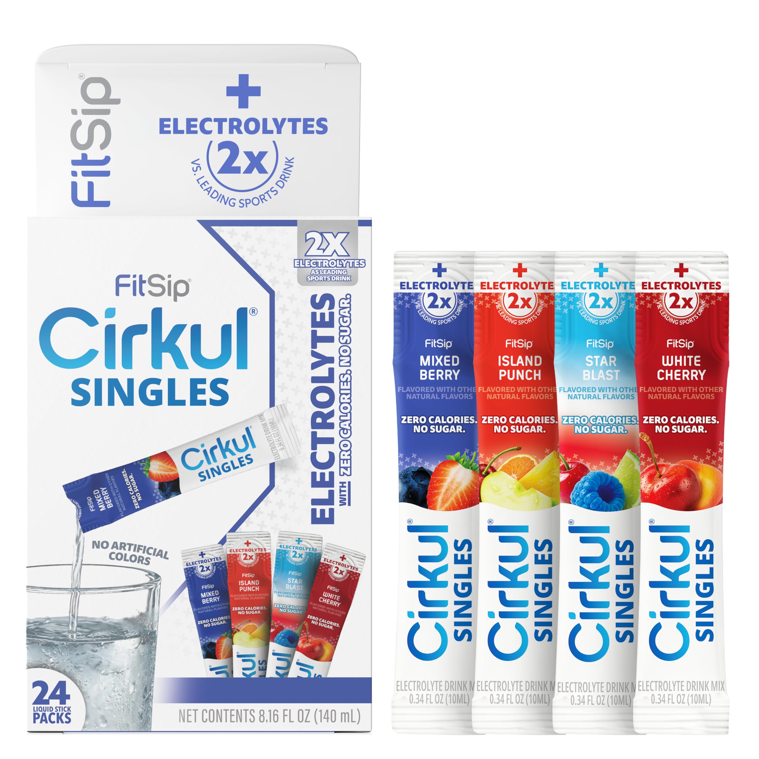 Cirkul FitSip® Electrolyte Water Enhancer Clear Liquid Packets (24 Pack) - Mixed Berry, White Cherry, Star Blast, Island Punch - No Sugar, Zero Calorie Hydration Drink Mix, No Artificial Color