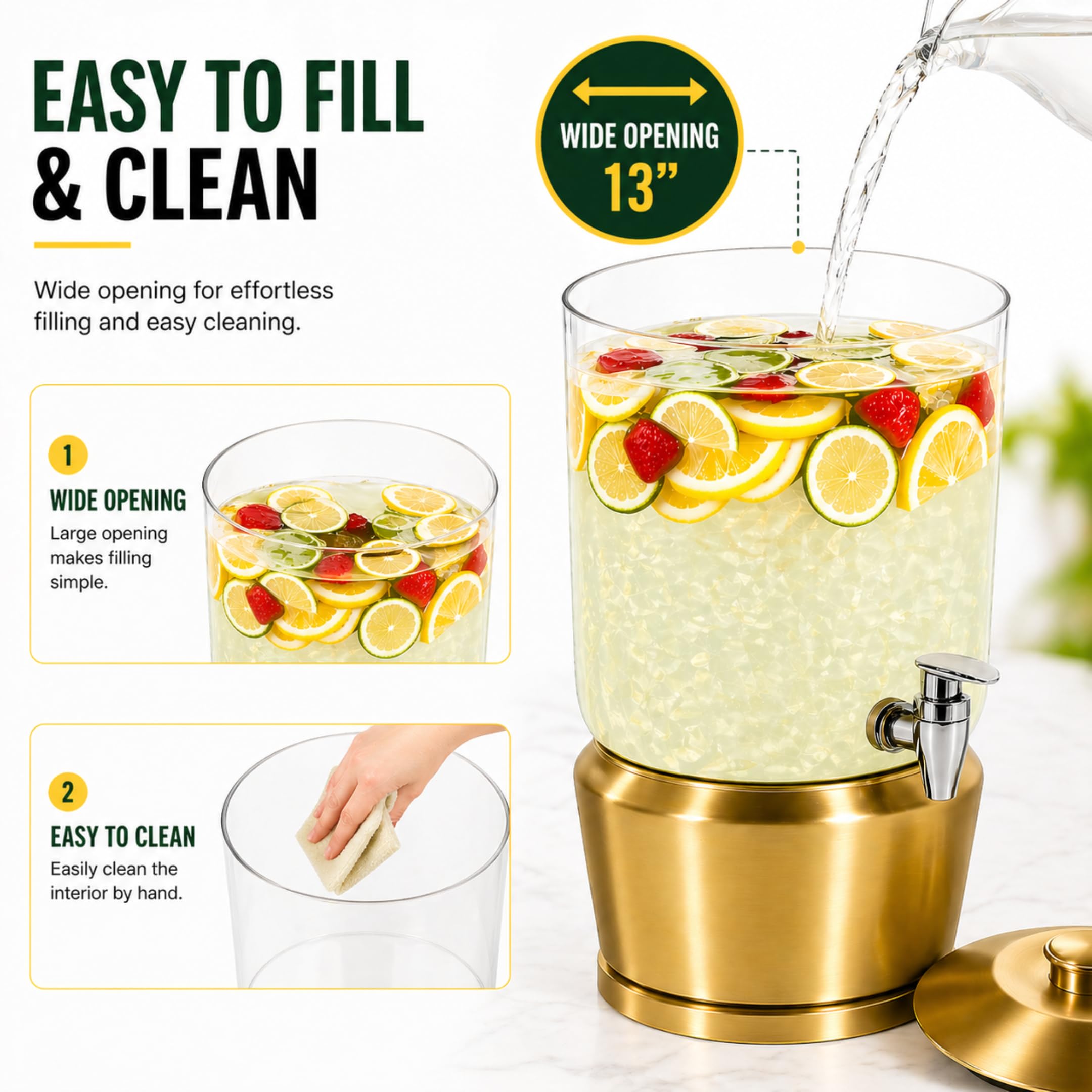 Drink Dispenser with Ice Chambers, Lemonade Tea Water Dispenser with Spigot, Stainless Steel Beverage Jar Jug, Perfect for Home Parties, Weddings, Gifts & Events (Gold, 5, Gallons)