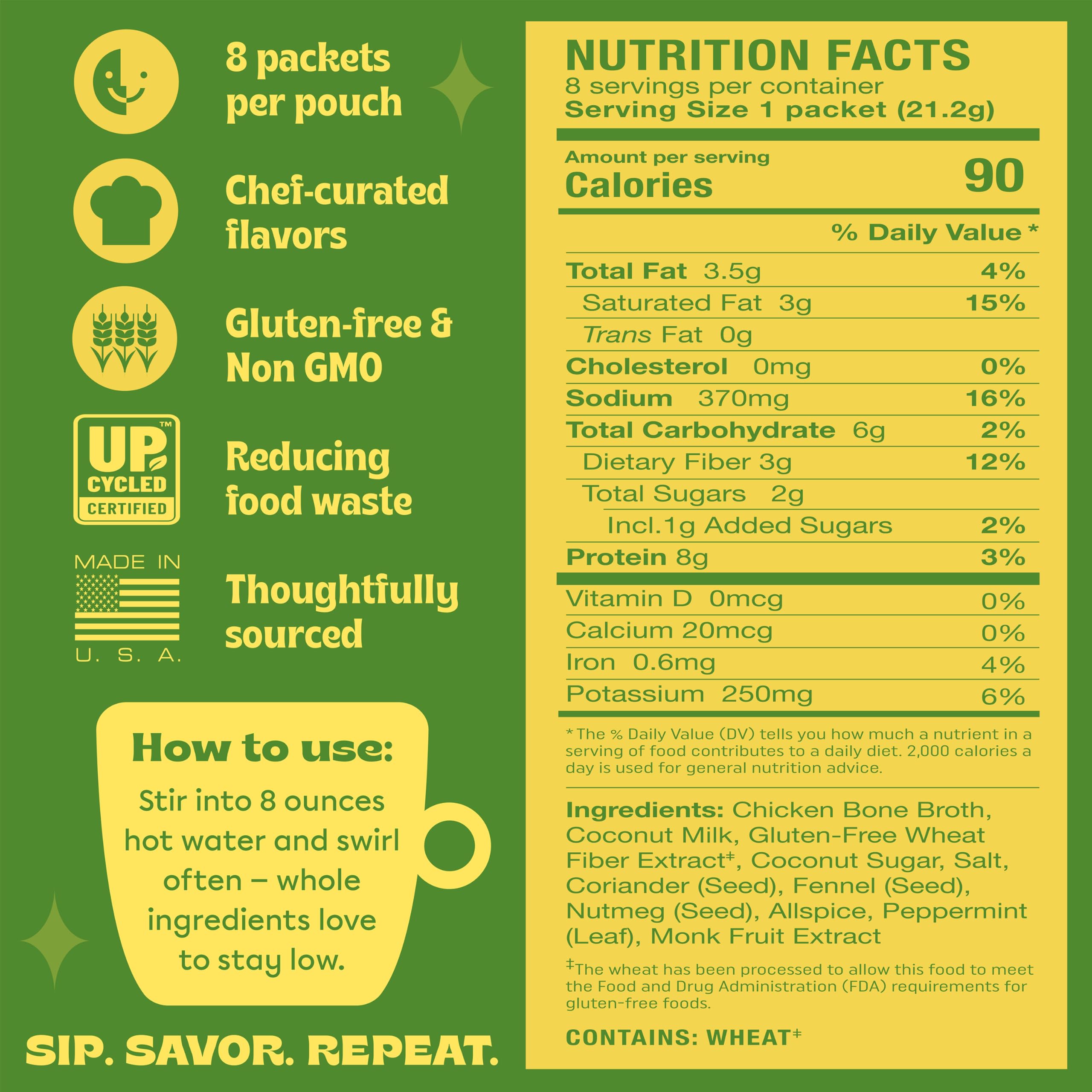 Taking Stock Prebiotic Sipping Broth, 8g Protein, Spring Herb Flavor Chicken Bone Broth Powder 8 Pack
