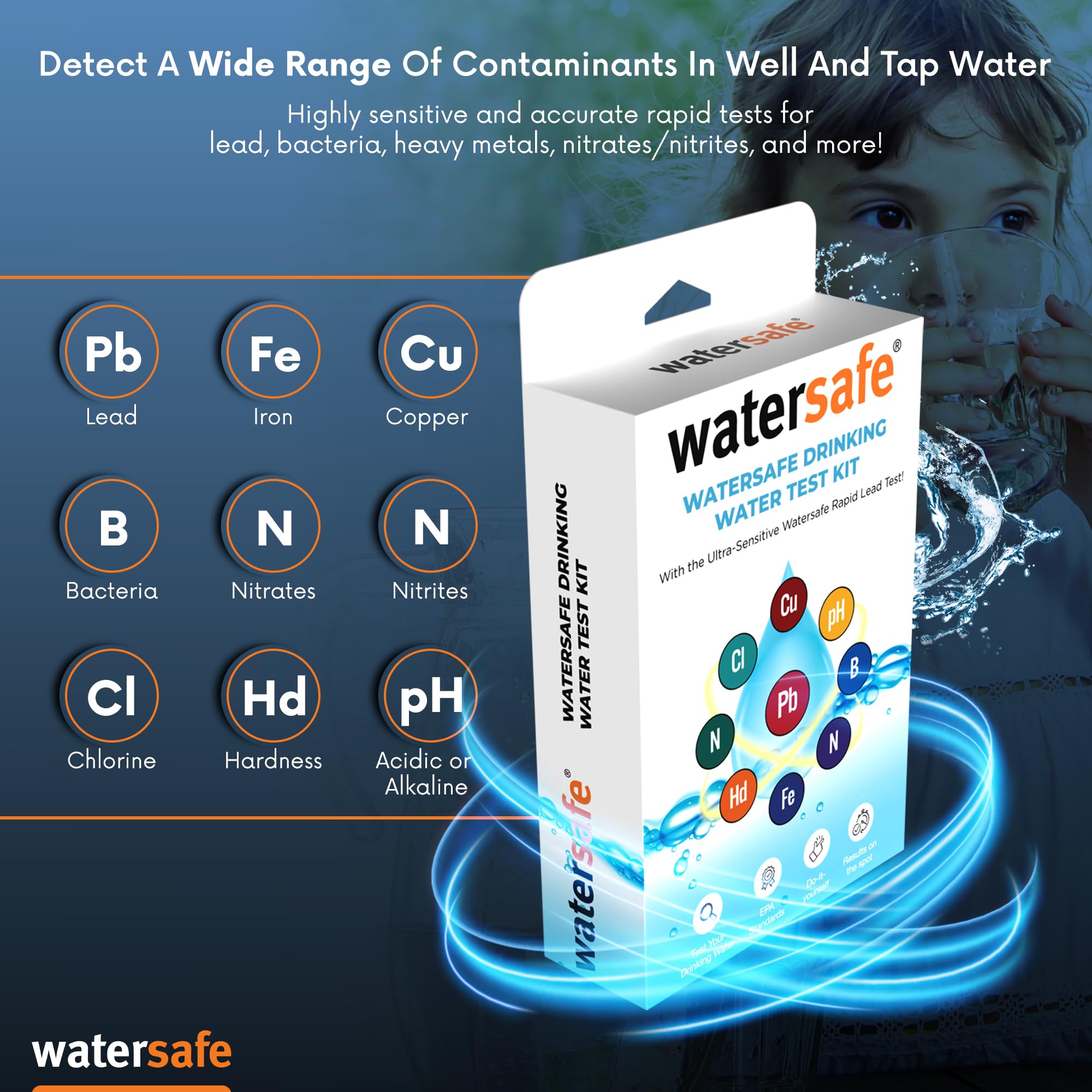 Watersafe The Original Water Testing Kit for Drinking Water, Well and Tap Water, Sensitive Lead in Water Test, Bacteria, Hardness, pH, Nitrates, Easy Instructions, Lab-Accurate Results, 1 Kit