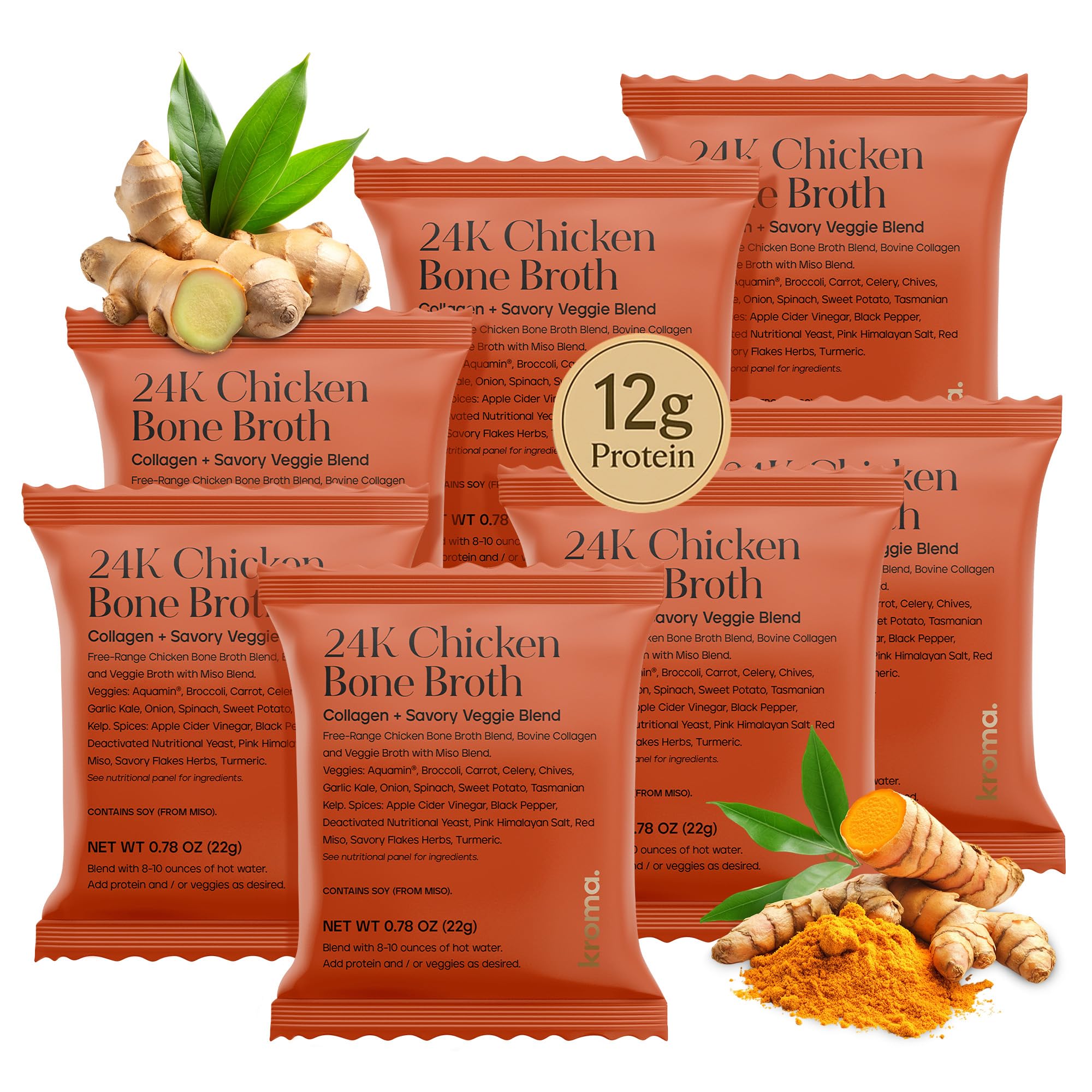 Kroma’s 24K Chicken Bone Broth Powder - 7 Pack, 7 Servings – Organic Protein-Rich Bone Stock – Instant Packaged Broths for Joint Health — 24K Chicken Protein Powder for Gut Health & Daily Wellness