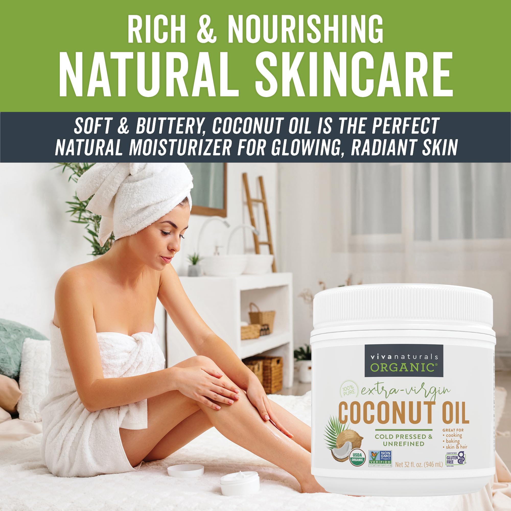 Viva Naturals Organic Coconut Oil, 32 fl oz – Unrefined, Cold-Pressed Extra Virgin Coconut Oil, USDA Organic & Non-GMO, Natural Cooking Oil, Hair Oil & Skin Oil