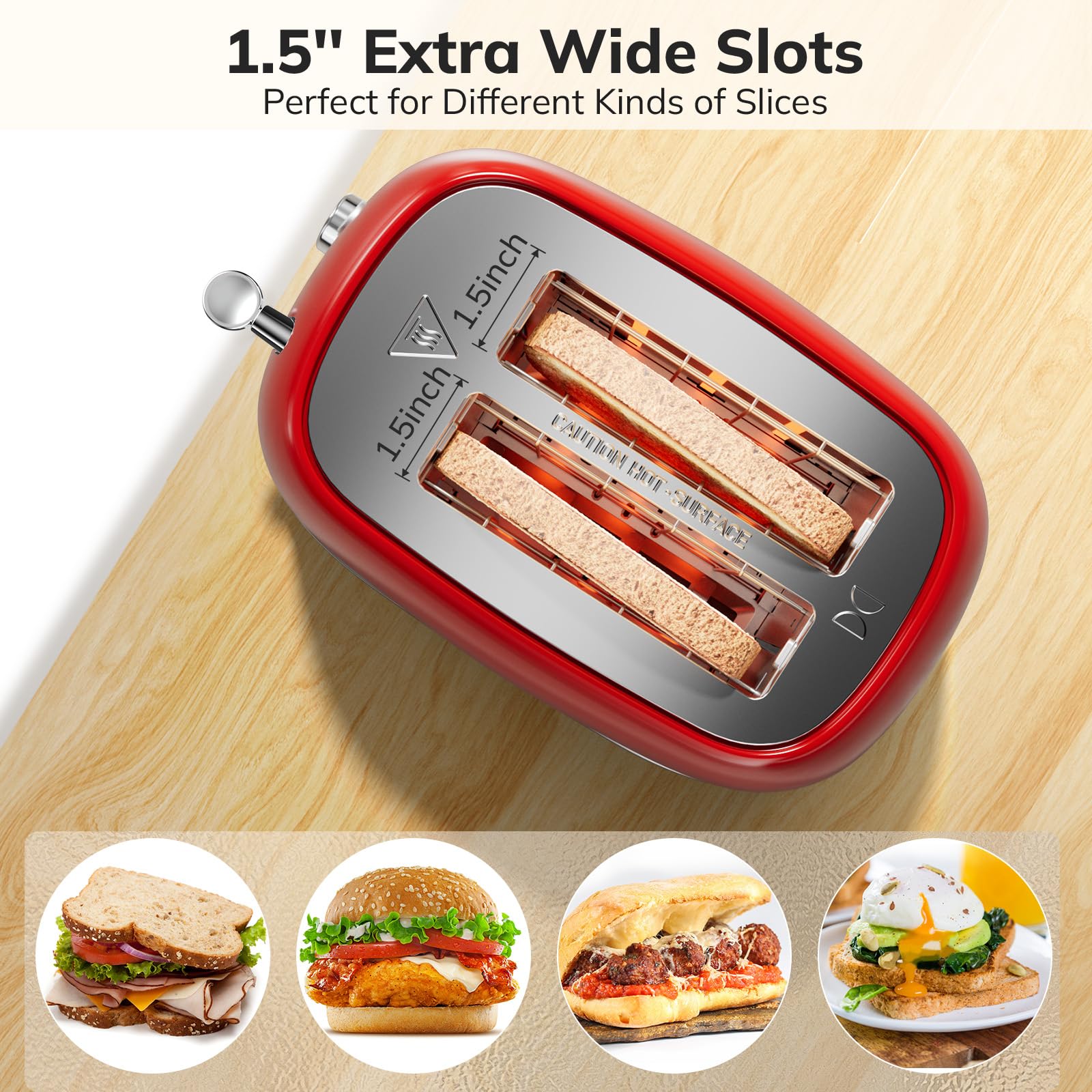 2 Slice Stainless Steel Toaster Retro with 6 Bread Shade Settings, Bagel, Cancel, Defrost Function, Extra Wide Slot, Removable Crumb Tray, Red