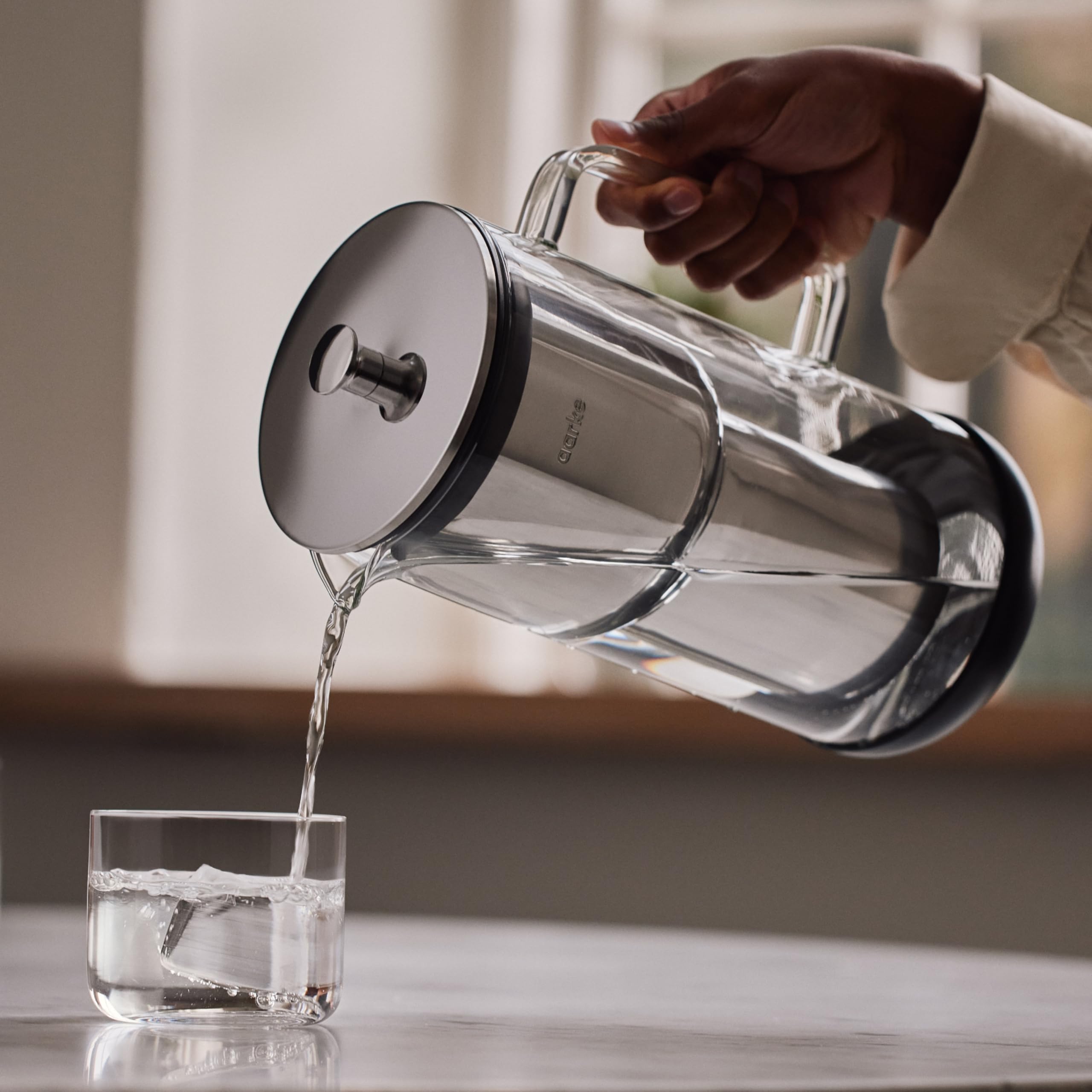 Aarke Purifier - Premium Glass and Stainless Steel Water Filter Pitcher, Refillable Filter System and Granules, 2.4L Pitcher with 1.18L Filtration Capacity