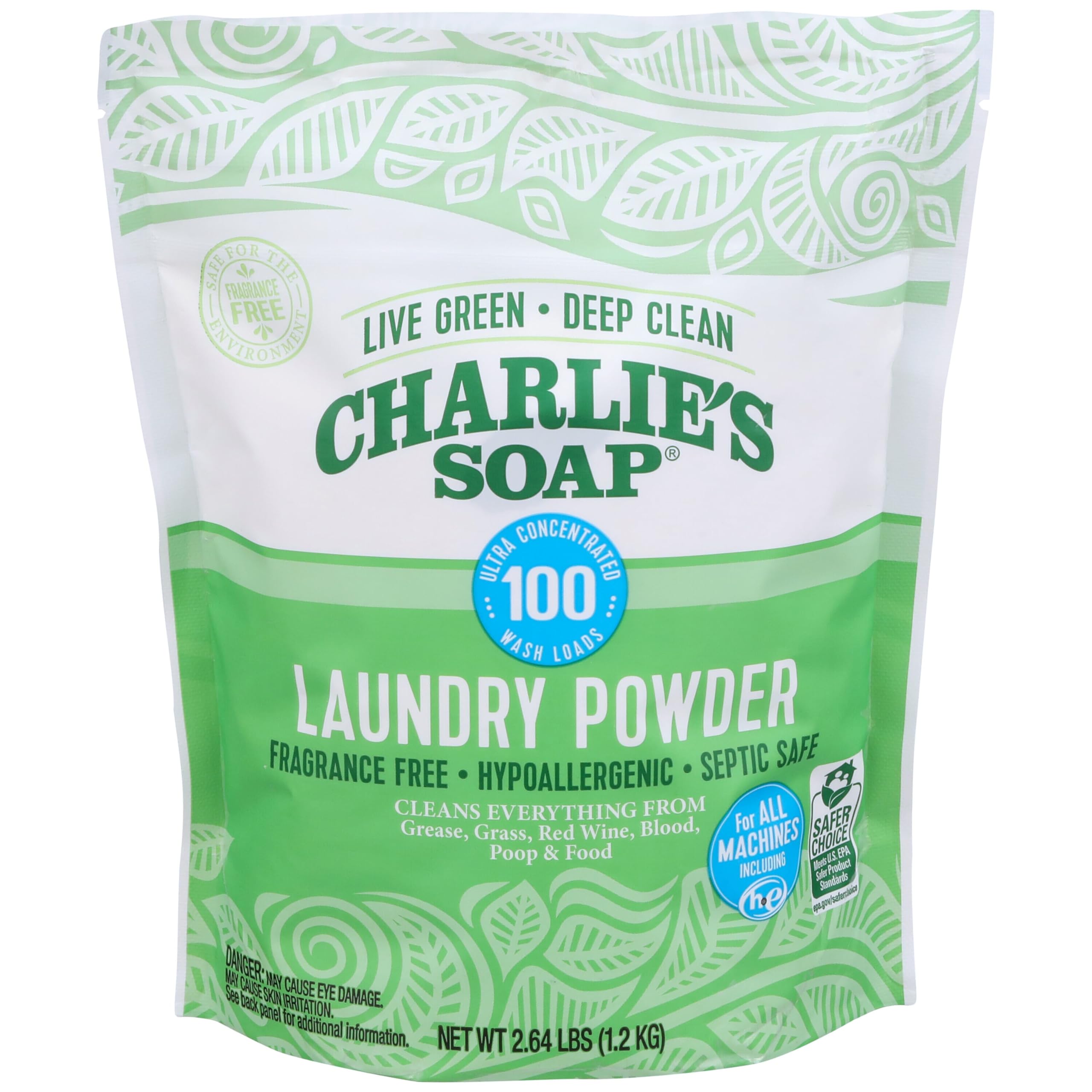Charlie’s Soap Laundry Powder (100 Loads, 1 Pack) Fragrance Free Hypoallergenic Deep Cleaning Laundry Powder – Biodegradable Eco Friendly Sustainable Laundry Detergent