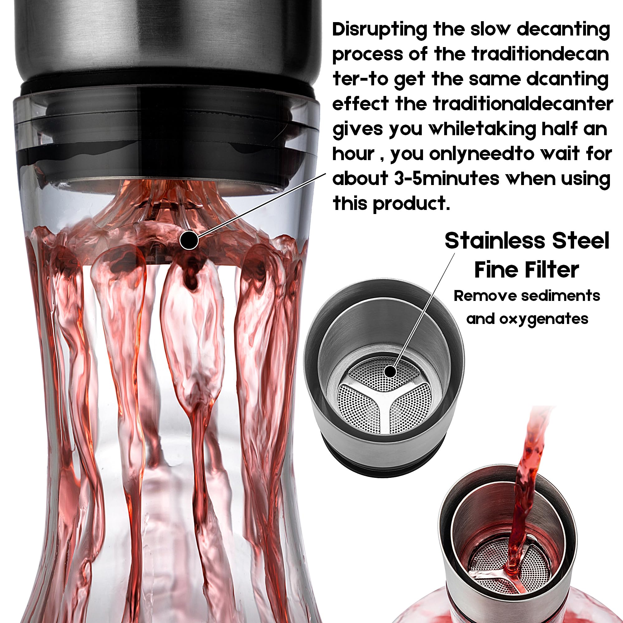 VnoPerito Wine Decanter, Red Wine Carafe, Decanter with Built-in Aerator Pourer, 100% Hand Blown Lead-free Crystal Glass with Stainless Steel Pourer Lid, Filter, Wine Gifts for Men