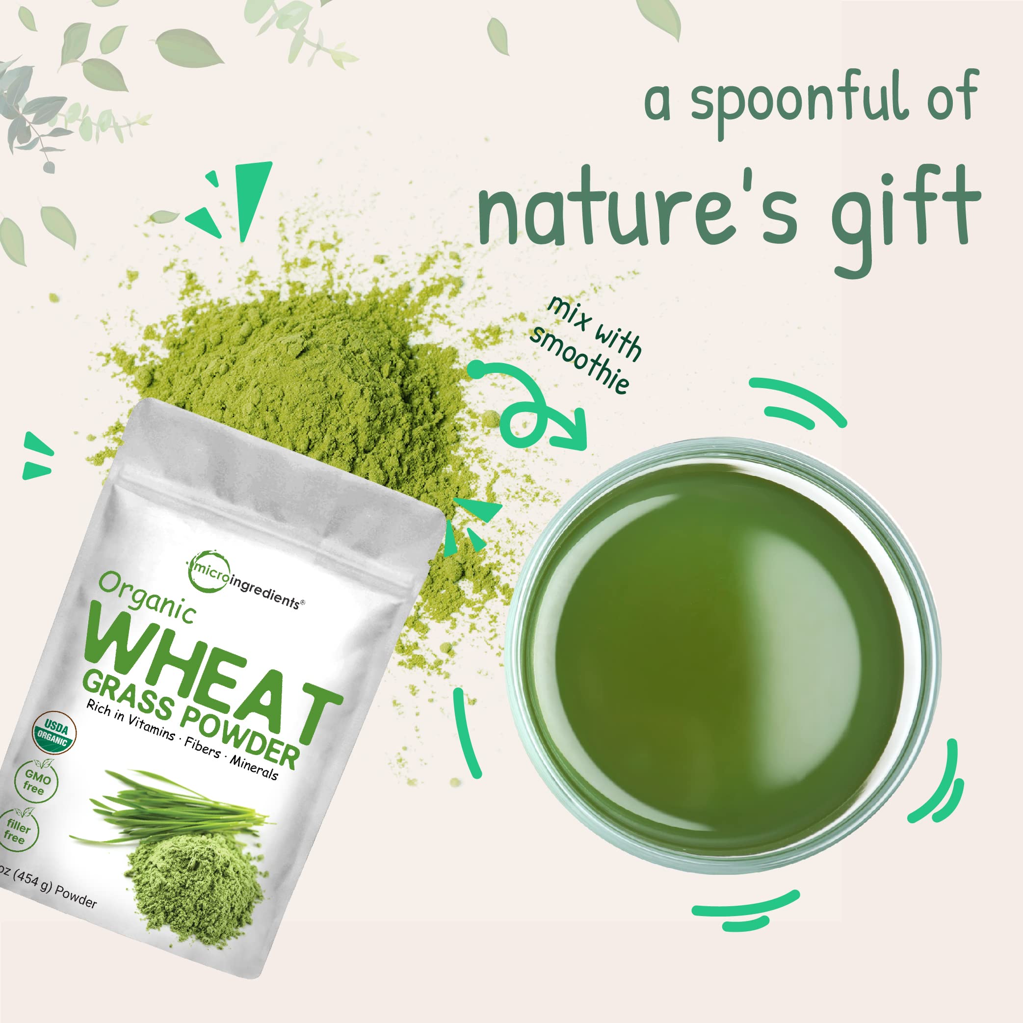 Sustainably US Grown, Organic Wheat Grass Powder (100% Whole-Leaf), 16 Ounce , Rich in Immune Vitamins, Fibers and Minerals, Support Digestion Function, Vegan Friendly