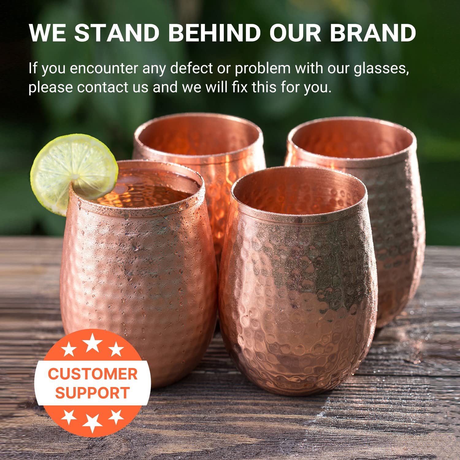 Mosscoff Copper wine glasses set of 4 – 17oz gleaming 100% solid hammered copper stemless wine cups – Valent for men and women – great copper tumblers for red or white wine and Moscow mules.