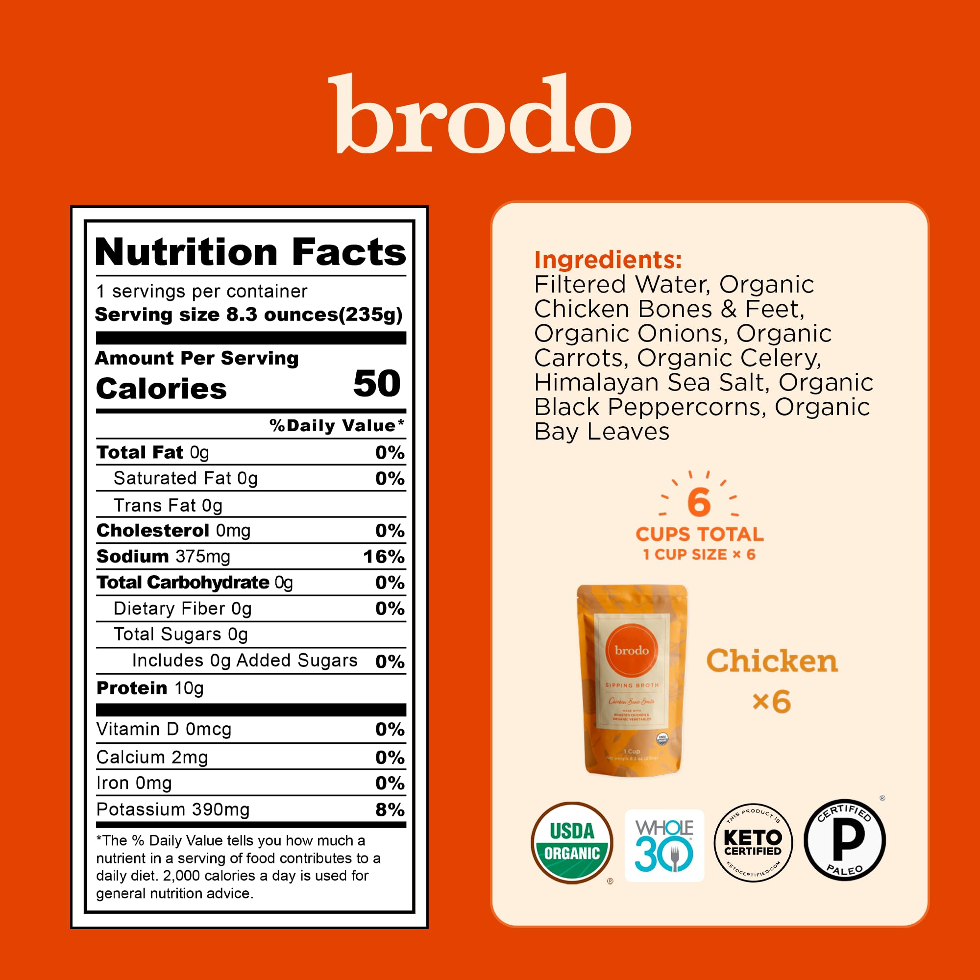 Brodo Organic Chicken Broth | Nutrient Dense, Chef Crafted Bone Broth in Single Serving Pouches | Not Made From Concentrate, No Preservatives (6x 8.3 oz Pouches)