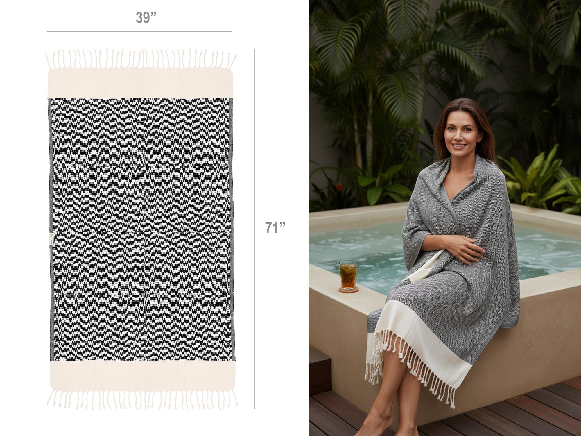 Bazaar Anatolia Turkish Beach Towel 100% Cotton Bath Towels 71x39 Quick Dry Sand Free Lightweight Large Oversized Herringbone Black