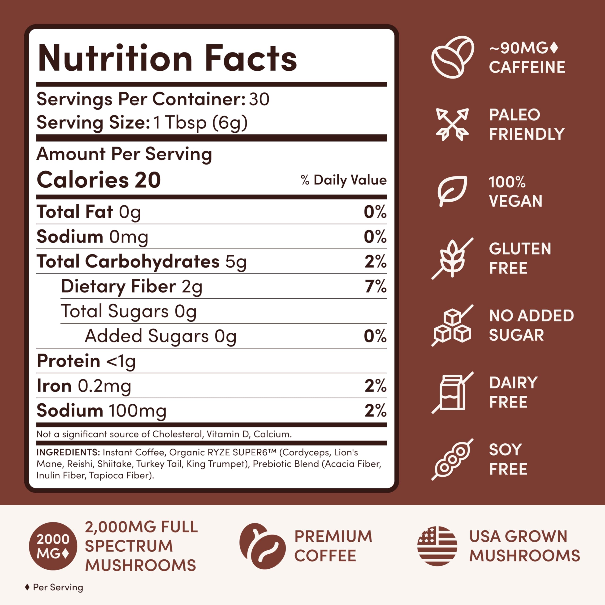 RYZE SUPERFOODS Mushroom Coffee Dark Roast, 6 Adaptogenic Mushrooms & Prebiotic Blend, Instant Coffee Supports Energy, Focus, Digestion & Immunity, Lions Mane & Turkey Tail, 30 Servings.