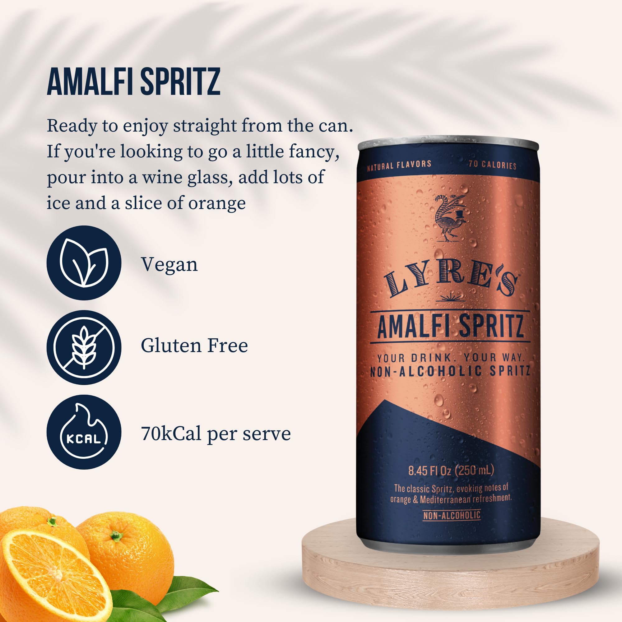 Lyre’s Amalfi Spritz 4-Pack, Ready to Drink Non-Alcoholic Sparkling Mocktail, Award-Winning Zero Proof Italian Aperitif and Non Alcoholic Prosecco, 70 Calories per Can (8.45 Fl Oz x 4)