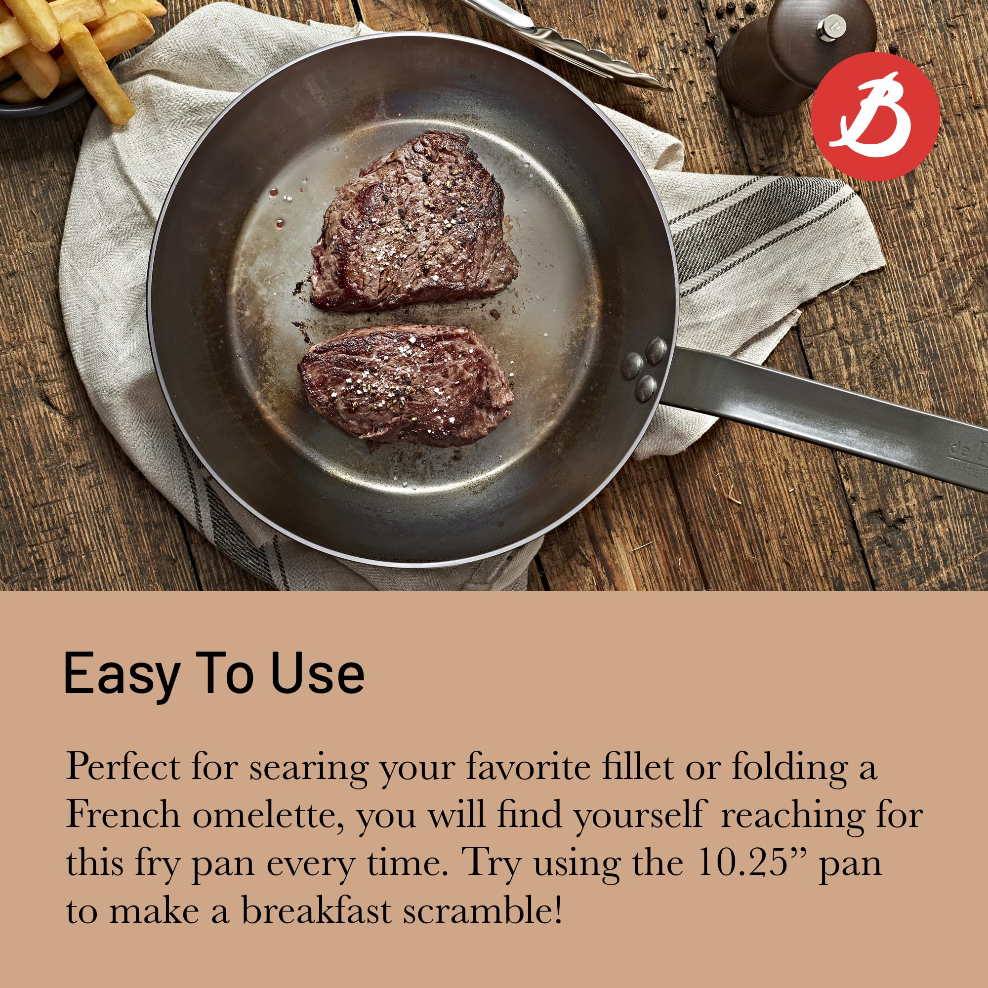 de Buyer MINERAL B Carbon Steel Fry Pan - 10.25” Diameter, 7.3” Cooking Surface - Ideal for Searing, Sauteing & Reheating - Naturally Non-Stick Finish - Made in France