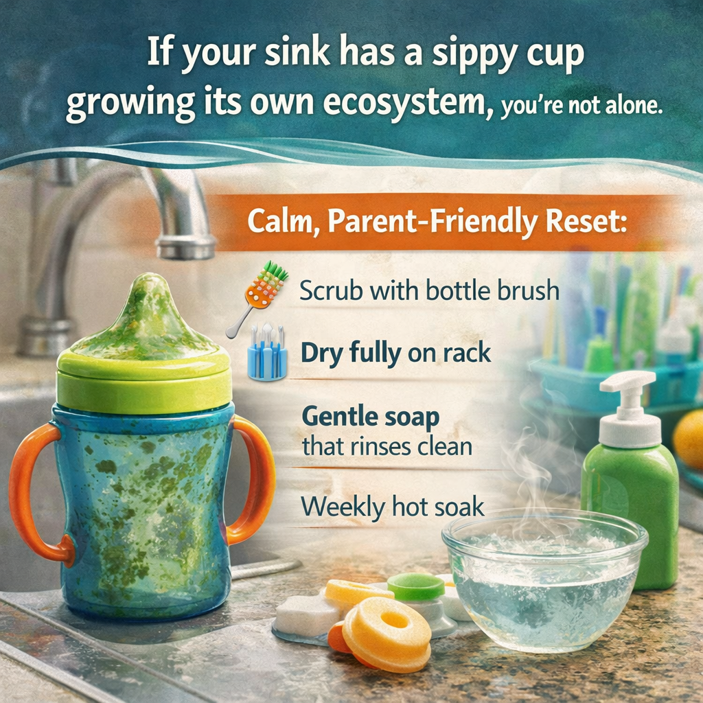 Sippy cup in sink with ‘science experiment’ mold joke and simple cleaning reset steps.