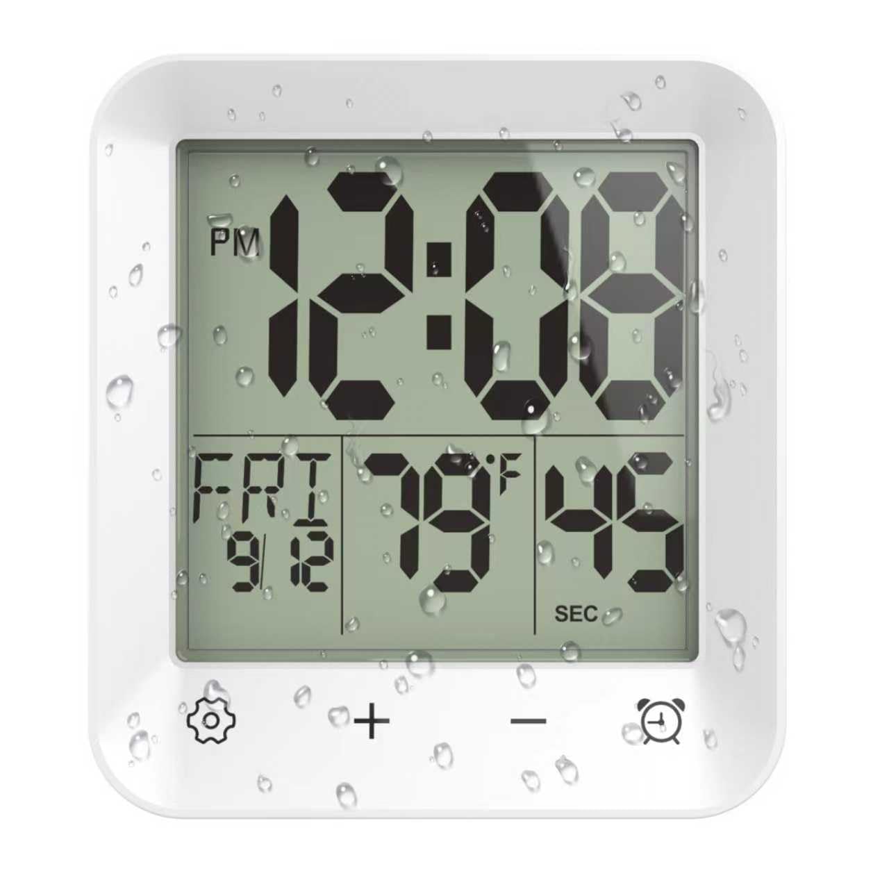 USAOSHOP Shower Clock Waterproof, Bathroom Kitchen Wall Clock Timer with Touch Screen, Temperature, Battery Operated, Suction Cup Hanging Hole Stand, White