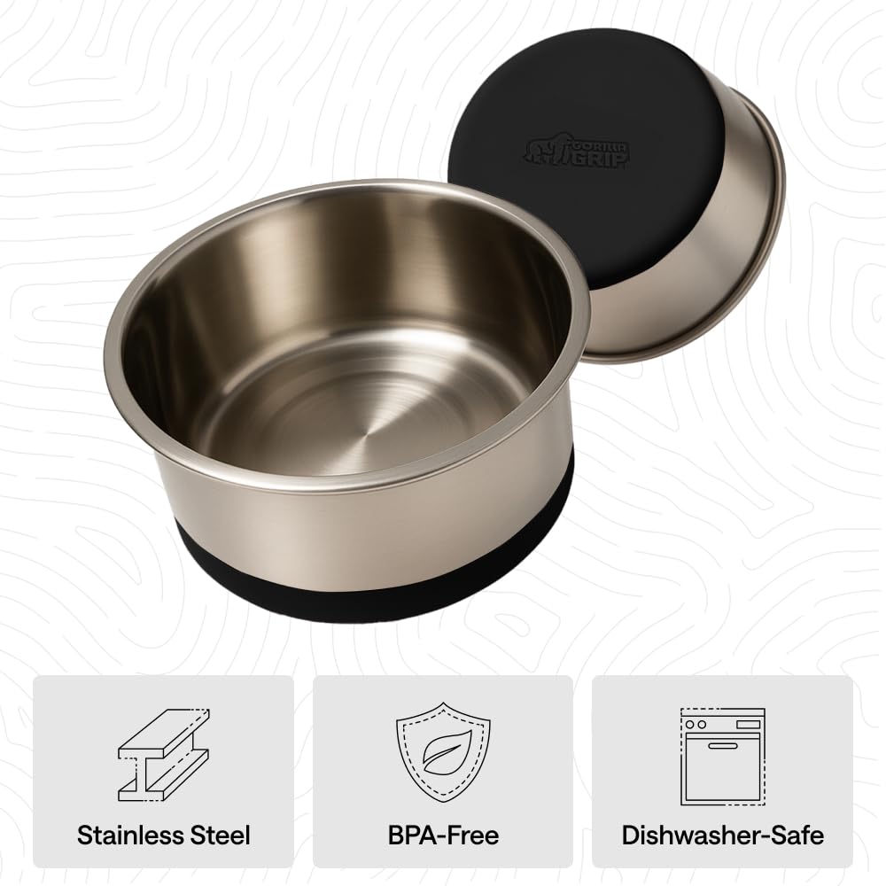 GORILLA GRIP Dog Bowls, Heavy Duty 304 Stainless Steel, Holds 2 Cups Each (16 fl oz) Food and Water Bowl for Feeding Dogs and Cats, Dishwasher Safe, Rust Resistant, BPA Free Rubber Base Set of 2 Black
