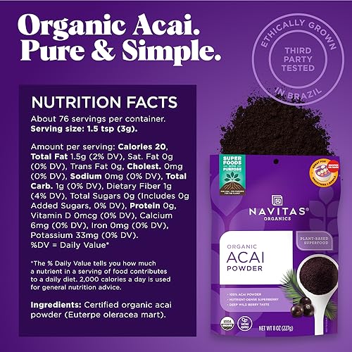 Navitas Organics Acai Powder – for Smoothie Bowls, Oatmeal, Dips, Sauces & More – Antioxidants, Omega 3 6 9, Fiber - USDA Organic, Non GMO, Kosher, Gluten Free, Keto (8oz. Bag, 76 Servings)