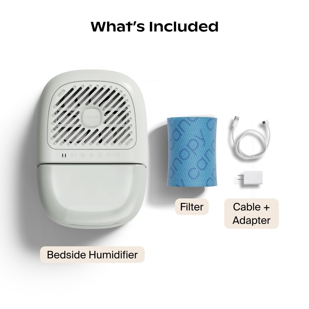 Canopy Bedside Humidifier 2.0, White, 36 HR Run Time, 2.5L Capacity - Reading Light & White Noise - Alleviate Symptoms of Allergies, Flu, Cold, Dry Skin - Humidifier, Filter, Power Cord & Adapter